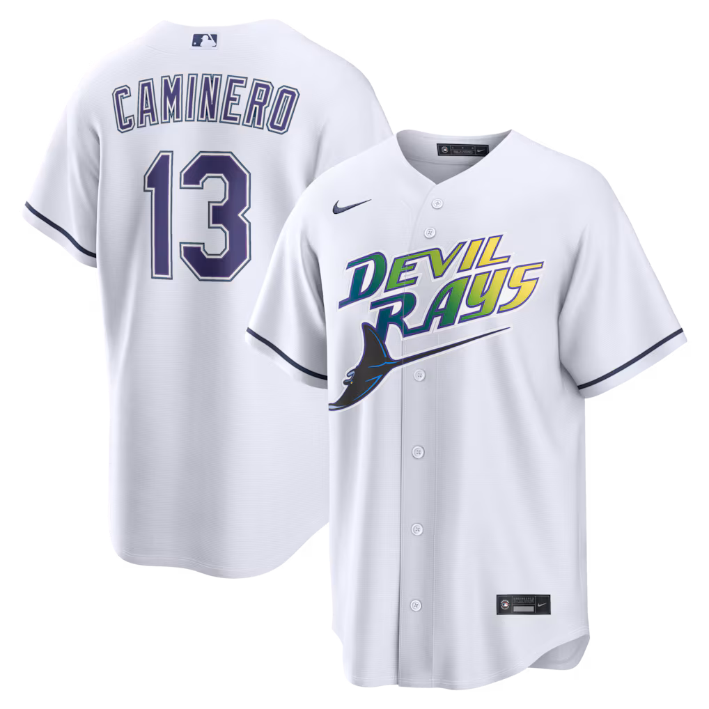 Men's Tampa Bay Rays Junior Caminero Nike White Alternate 2 Replica Jersey