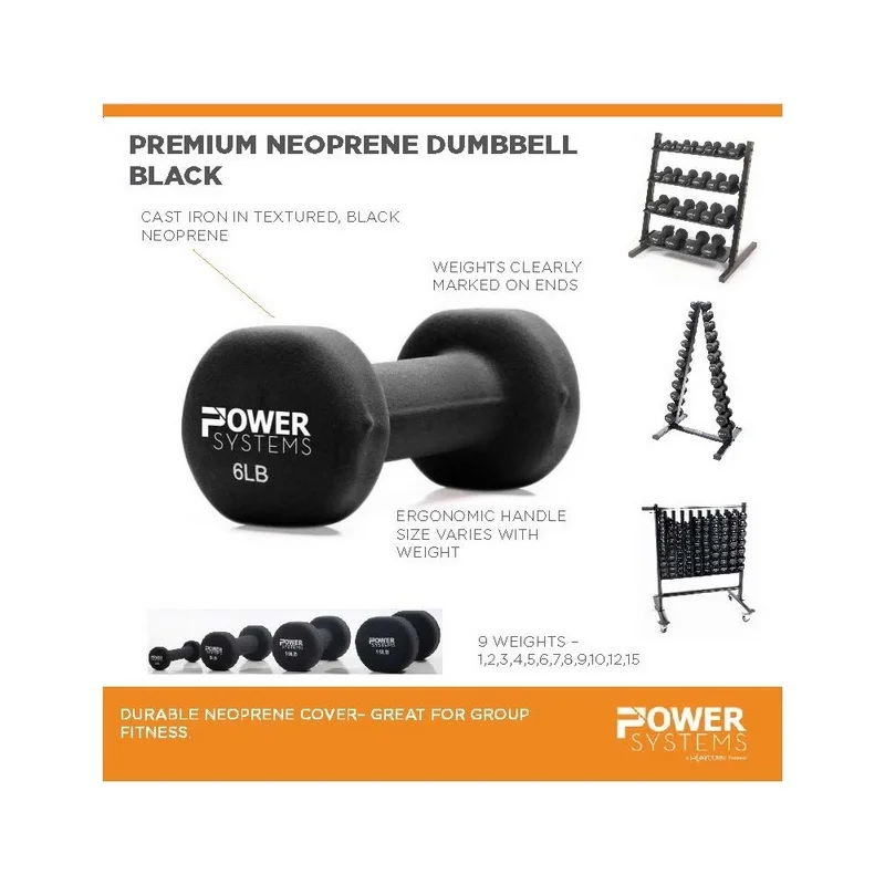 Power Systems Premium Neoprene Coated Dumbbell, Black, Pair, 8 lb