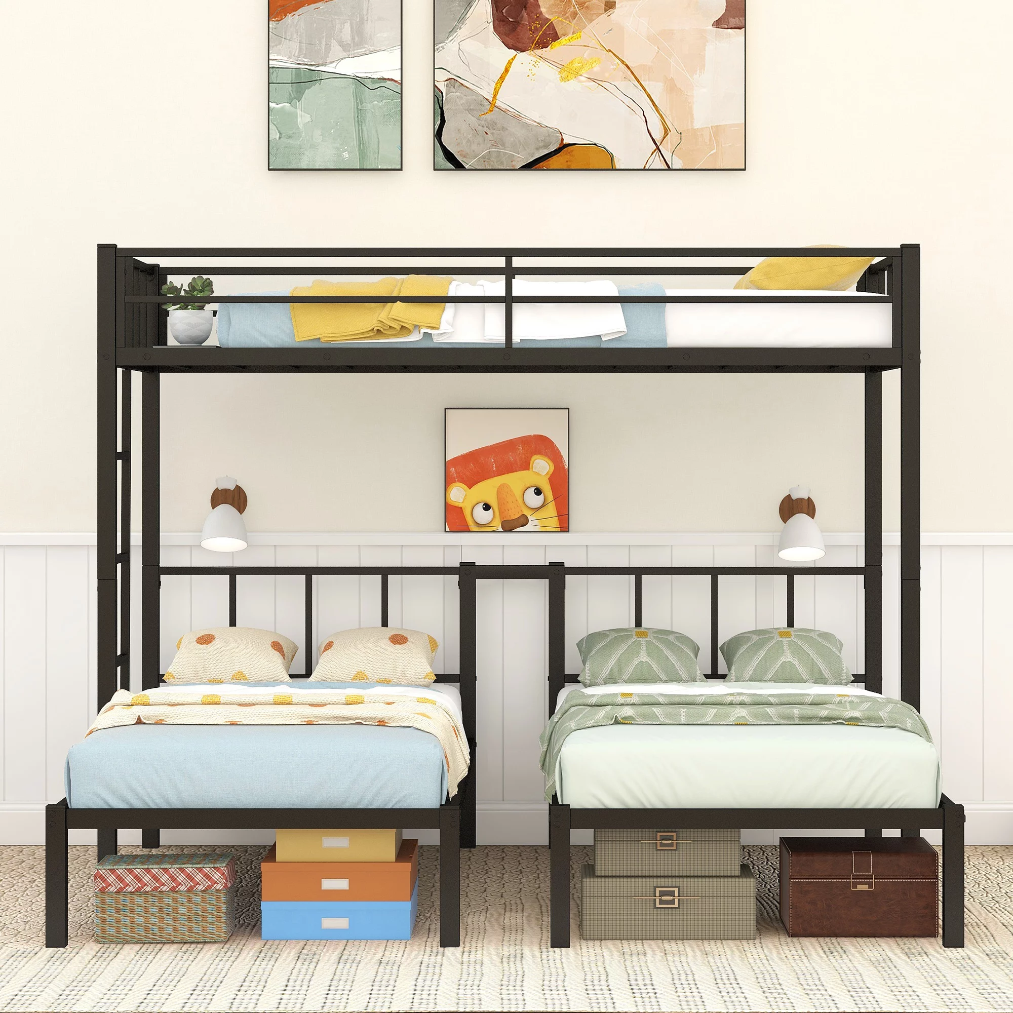 Metal Triple Bunk Bed for 3,Twin over Twin&Twin Size Bunk Bed with Built-in Shelf,Can be divided into 3 Separate Bed,Heavy-Duty Steel Bed Frame for Kids Teens Adults (Black) - Curated Treasures Market