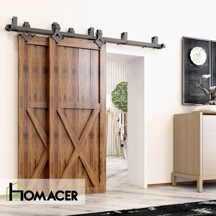 Homacer Black Rustic Double Track U-Shape Bypass Sliding Barn Door Hardware Kit, for Two/Double Doors, 8ft Long Flat Track, Diamond Design Roller, Heavy Duty, for Interior & Exterior Use - Curated Treasures Market