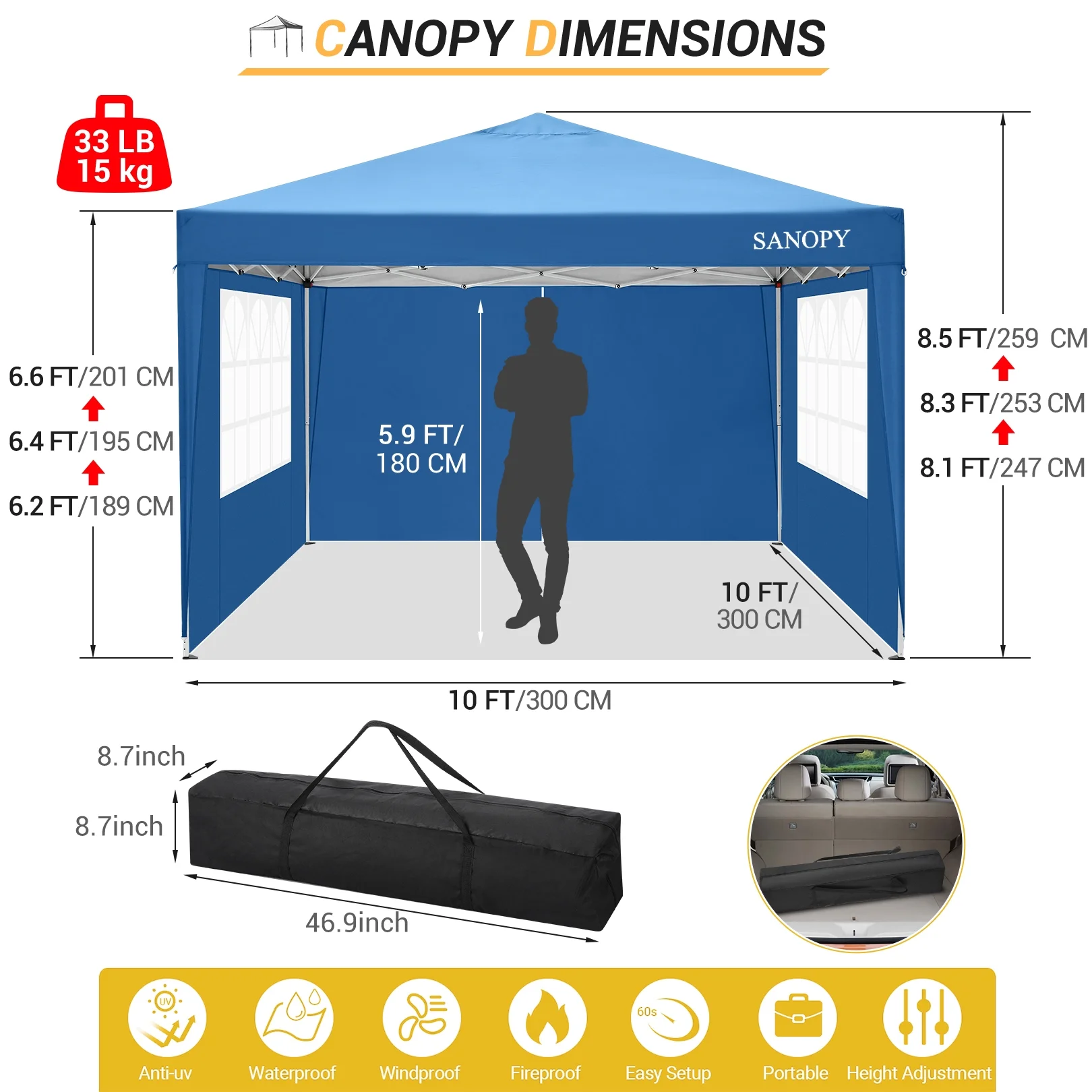 SANOPY 10'x10' Outdoor Canopy Tent Waterproof Pop Up Backyard Canopy Portable Party Commercial Instant Canopy Shelter Tent Gazebo with 4 Removable Sidewalls & Carrying Bag for Wedding Picnics Camping