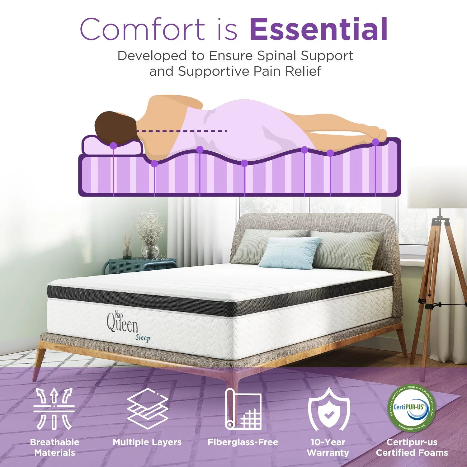 NapQueen Queen Mattress, Maxima 8” Hybrid of Cool Gel Infused Memory Foam and Coils Mattress, Adult, CertiPUR-US Certified, Mattress in a Box