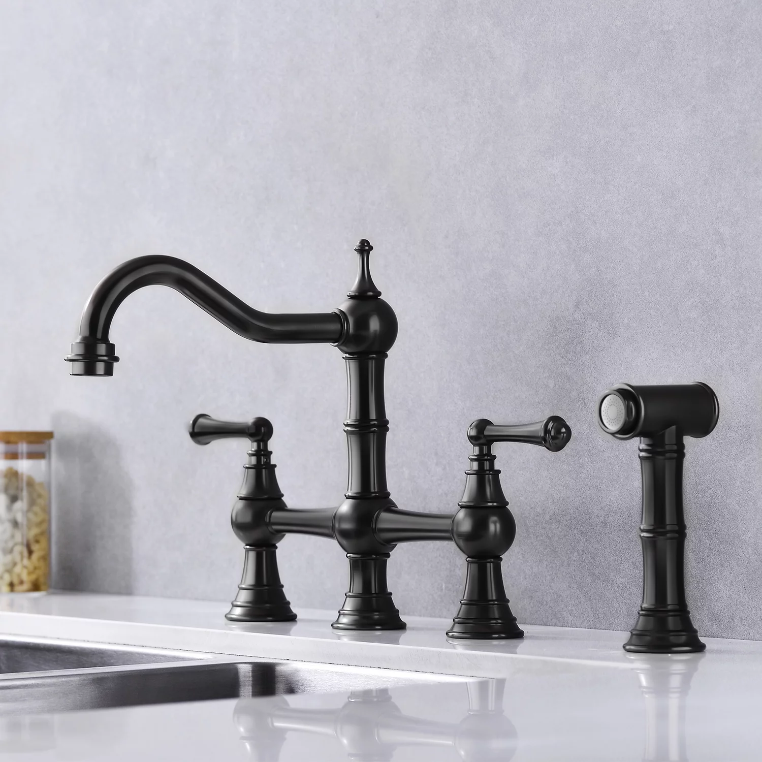 DremFaryoyo Bridge Dual Handles Kitchen Faucet With Pull-Out Side Spray in - Curated Treasures Market