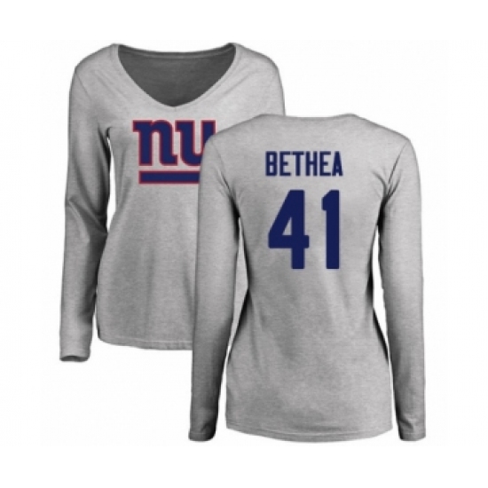 Football Women's New York Giants #41 Antoine Bethea Ash Name & Number Logo Long Sleeve T-Shirt