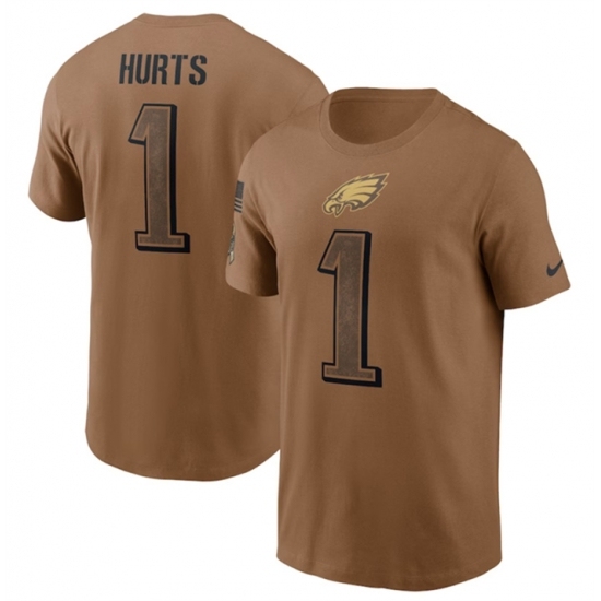 Men's Philadelphia Eagles #1 Jalen Hurts 2023 Brown Salute To Service T Shirt
