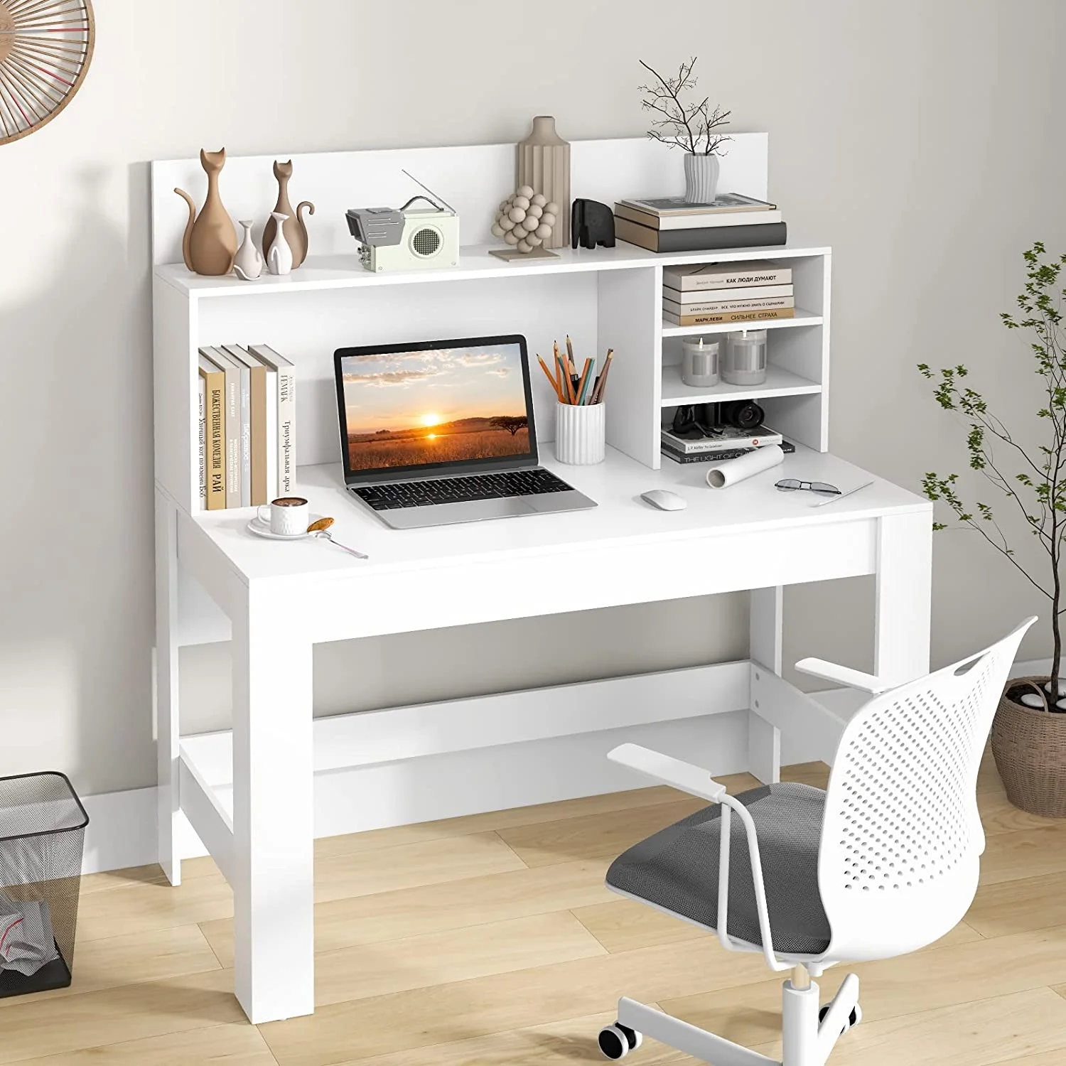 White Desk with Hutch, Home Office Desk with Bookshelf, Writing Study Desk with Anti-Toppling Device & Cable Hole, Modern Computer Workstation PC Laptop Desk for Small Space, Bedroom - Curated Treasures Market