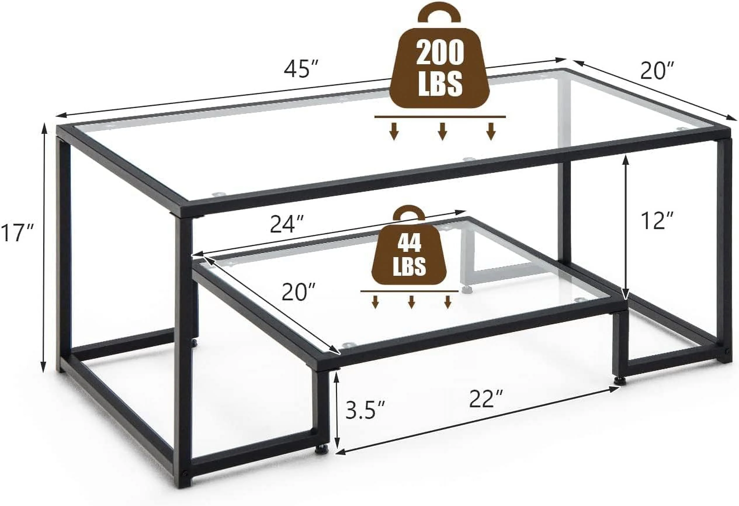 U-SHARE Coffee Table, Black Modern Tempered Glass Coffee Table, 45 Inch Rectangular Center Table with Glass-Top Lower Storage Shelf, Sturdy Metal Frame, for Living Room Home Office - Curated Treasures Market