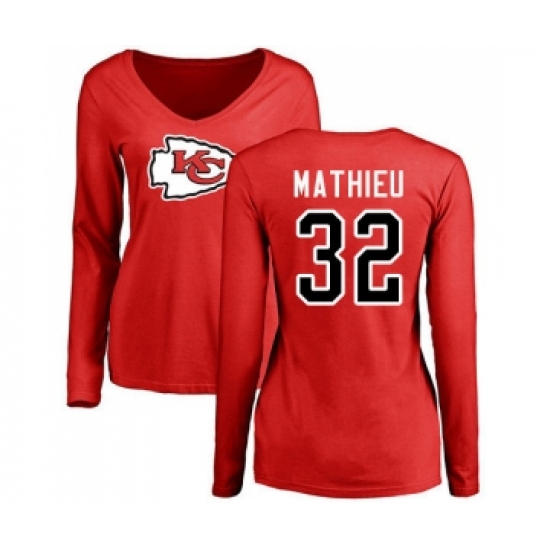 Football Women's Kansas City Chiefs #32 Tyrann Mathieu Red Name & Number Logo Slim Fit Long Sleeve T-Shirt