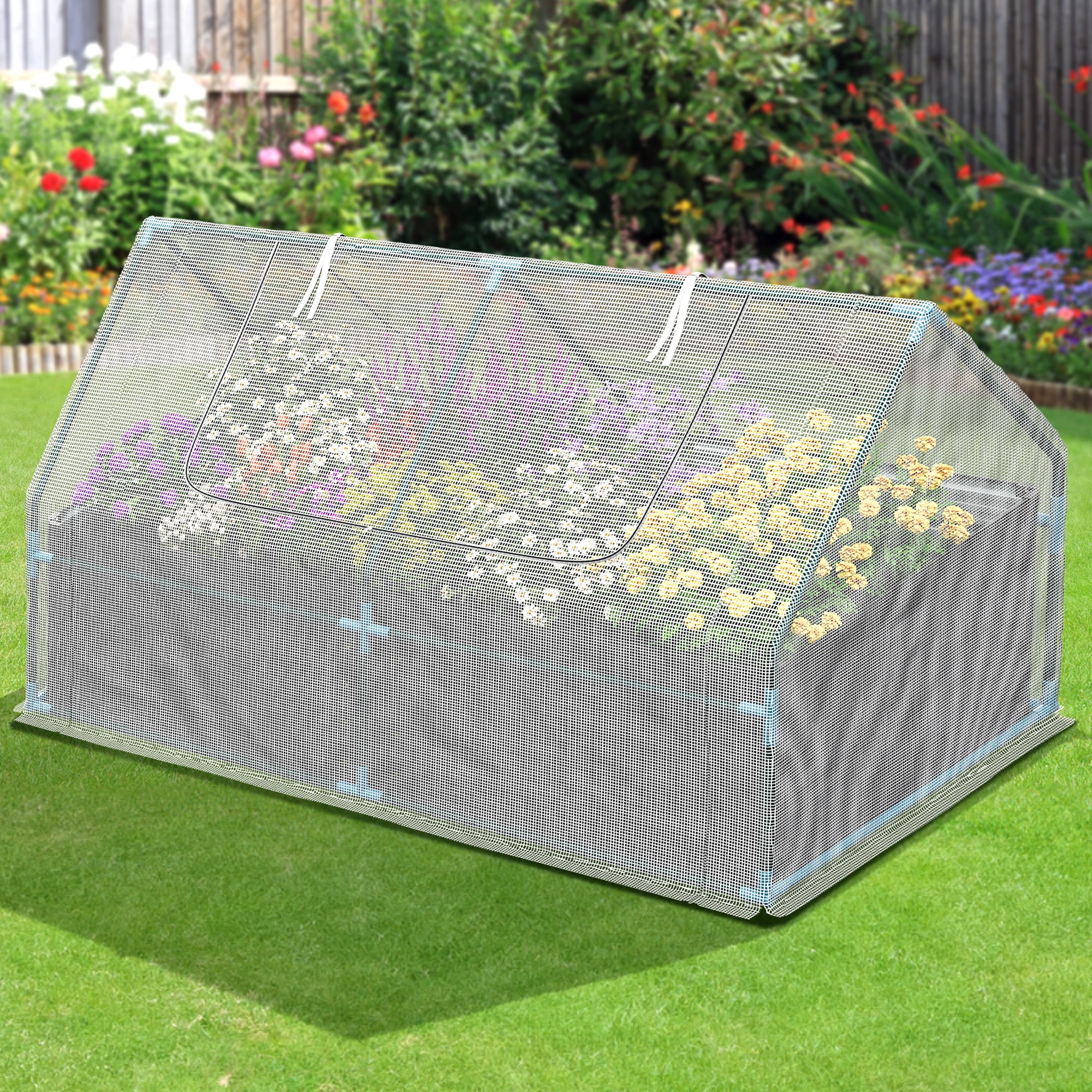 Dextrus 7.5x4x4FT Raised Garden Bed with Cover Extra Large Metal Planter Box Outdoor Flower Bed with Mini Greenhouse 2 Zipper Screen Windows for Outdoor Growing Vegetable, White - Curated Treasures Market