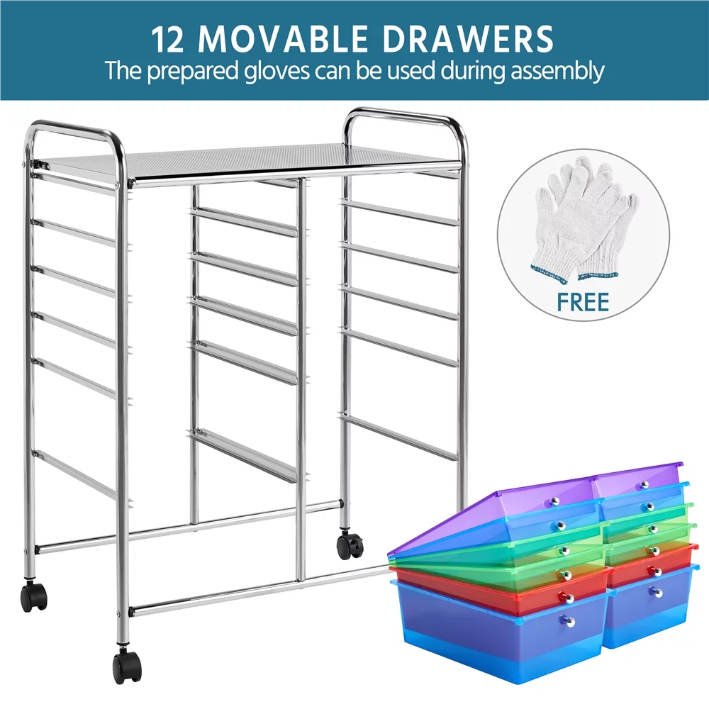 Topeakmart 12 Drawers Rolling Storage Cart Mobile Bin Organizer Trolley Tools with 4 Rolling Castors, Black