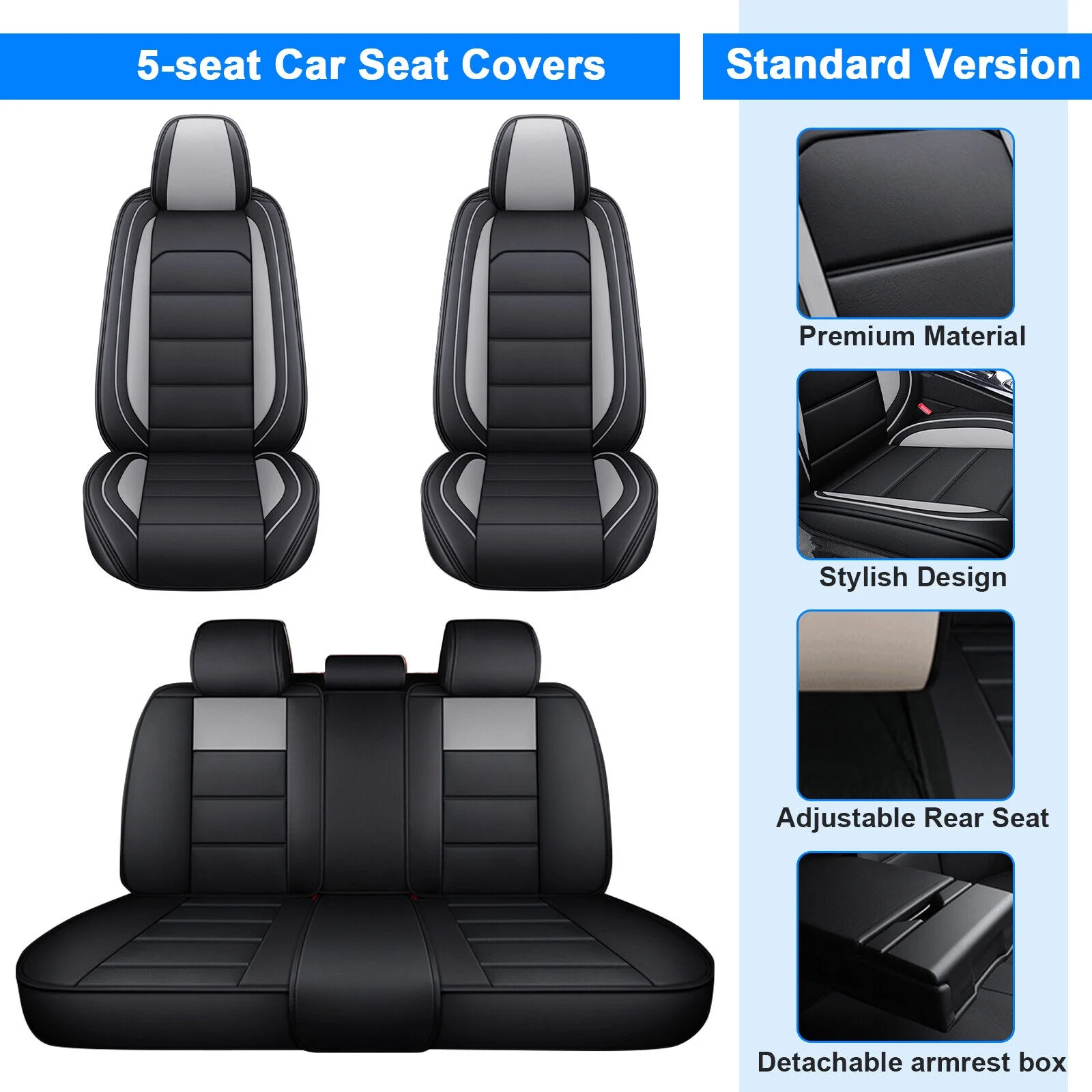 Fit for Honda Insight Car Seat Covers 5 Seats Full Set, Waterproof PU Leather Auto Seat Cushions Protector for Accord/ CR-V/ Crosstour/ Clarity Plug-In Hybrid Black+Gray - Curated Treasures Market