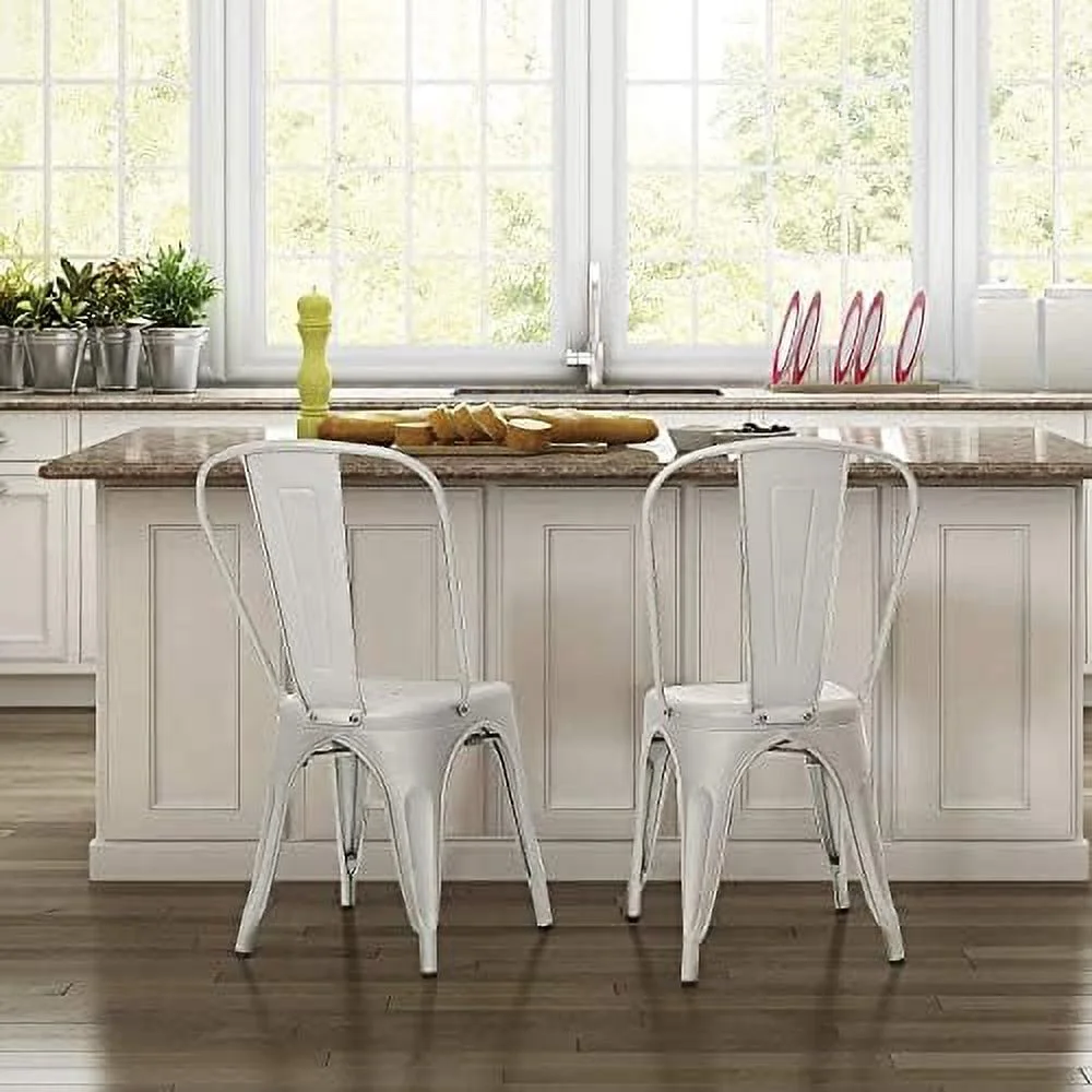 MQLIFEBOOM Metal Indoor-Outdoor Use Stackable Kitchen Trattoria Side Chic Dining Bistro Cafe Chairs with Back Set of 4 (Distressed Blue) - Curated Treasures Market