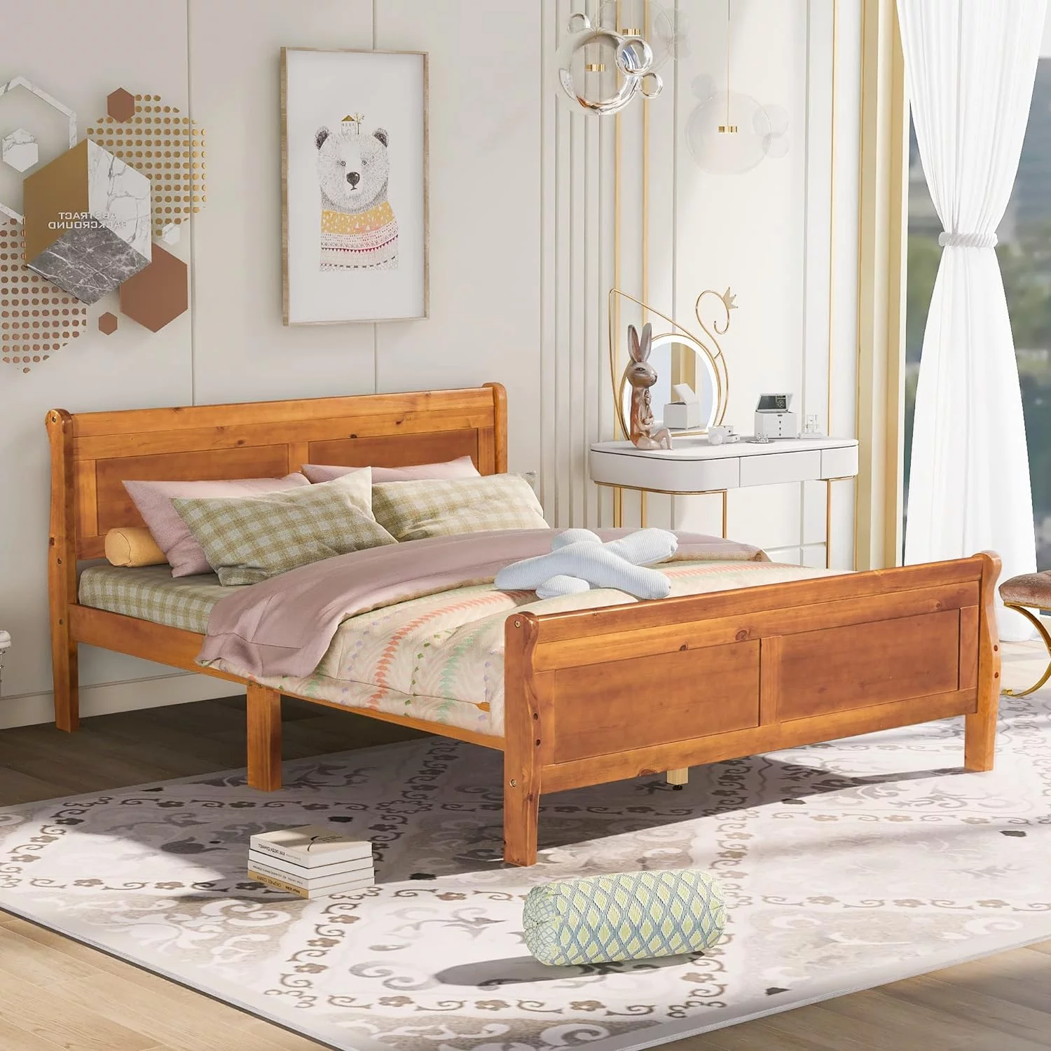 Queen Size Platform Bed With Headboard. Wooden Bed Frame For Kids Teens Adults. No Box Spring Needed (Oak)