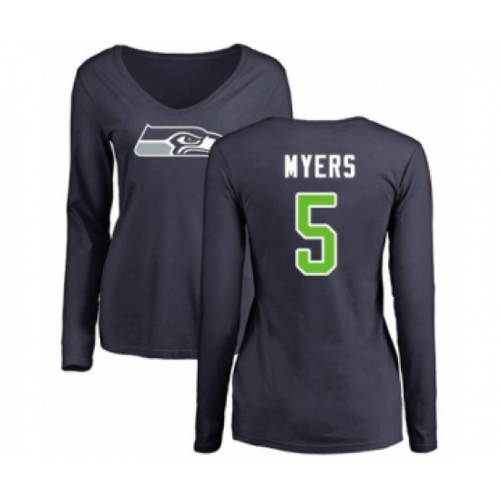 Football Women's Seattle Seahawks #5 Jason Myers Navy Blue Name & Number Logo Long Sleeve T-Shirt