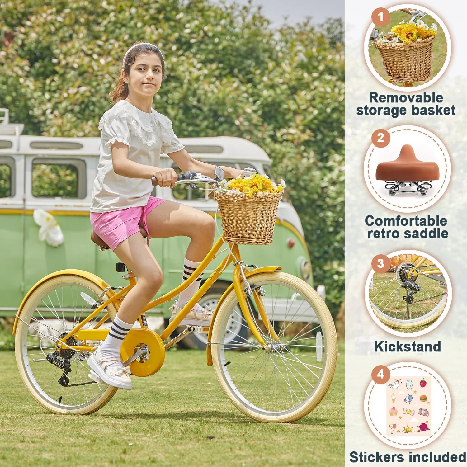 Glerc 24 inch Girls Cruiser Bike 6-Speed Women's Hybird Bicycle for Ages 7-11 Years,Yellow - Curated Treasures Market