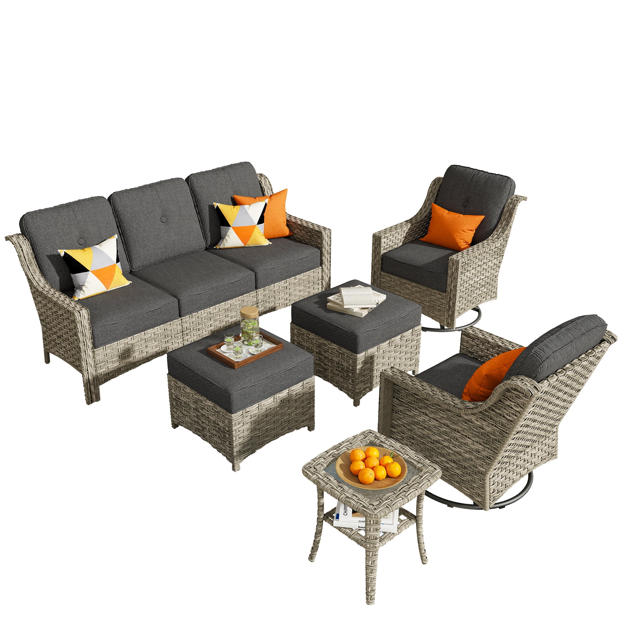 Ovios High-Back Outdoor Furniture 6 Pieces Gray Wicker Patio Conversation Set with Rocking Swivel Chairs for Backyard - Curated Treasures Market
