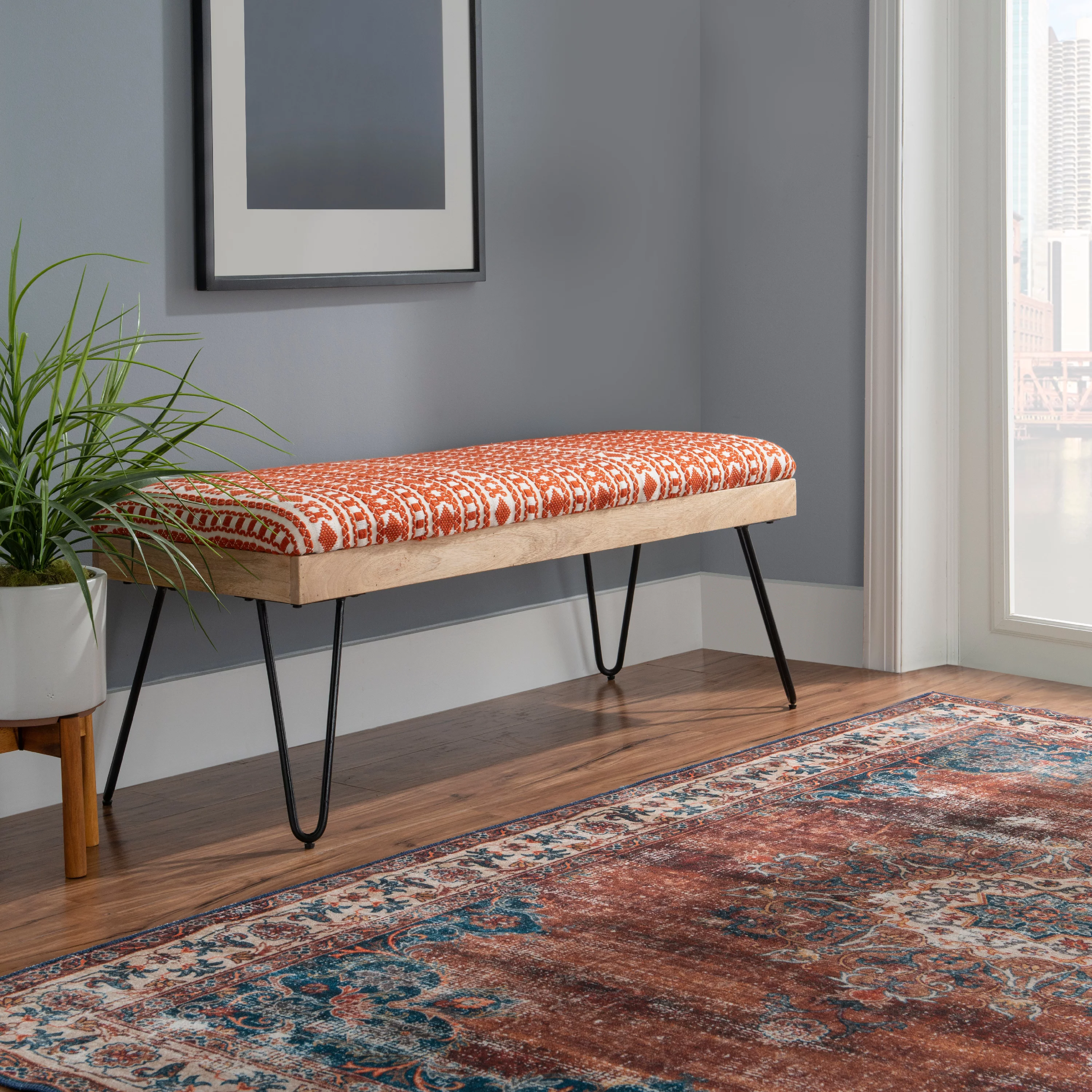 Newley Upholstered Bench, Black Hairpin Legs with Terra Cotta and Natural Stripe Fabric - Curated Treasures Market