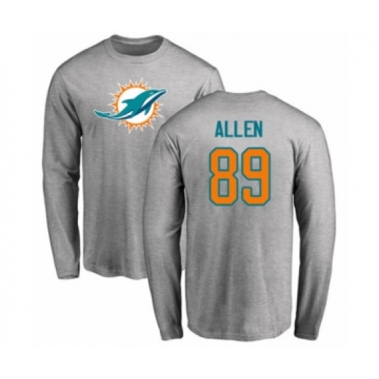 Football Miami Dolphins #89 Dwayne Allen Ash Name & Number Logo Long Sleeve T-Shirt