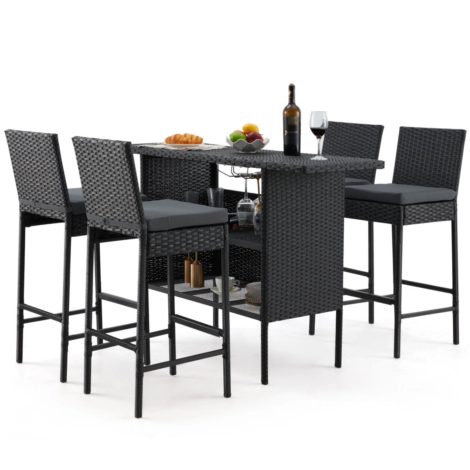 AVAWING 5PCS Outdoor Patio Rattan Bar Table and Chairs Set for 4 People w/ Removable Cushion, Black - Curated Treasures Market