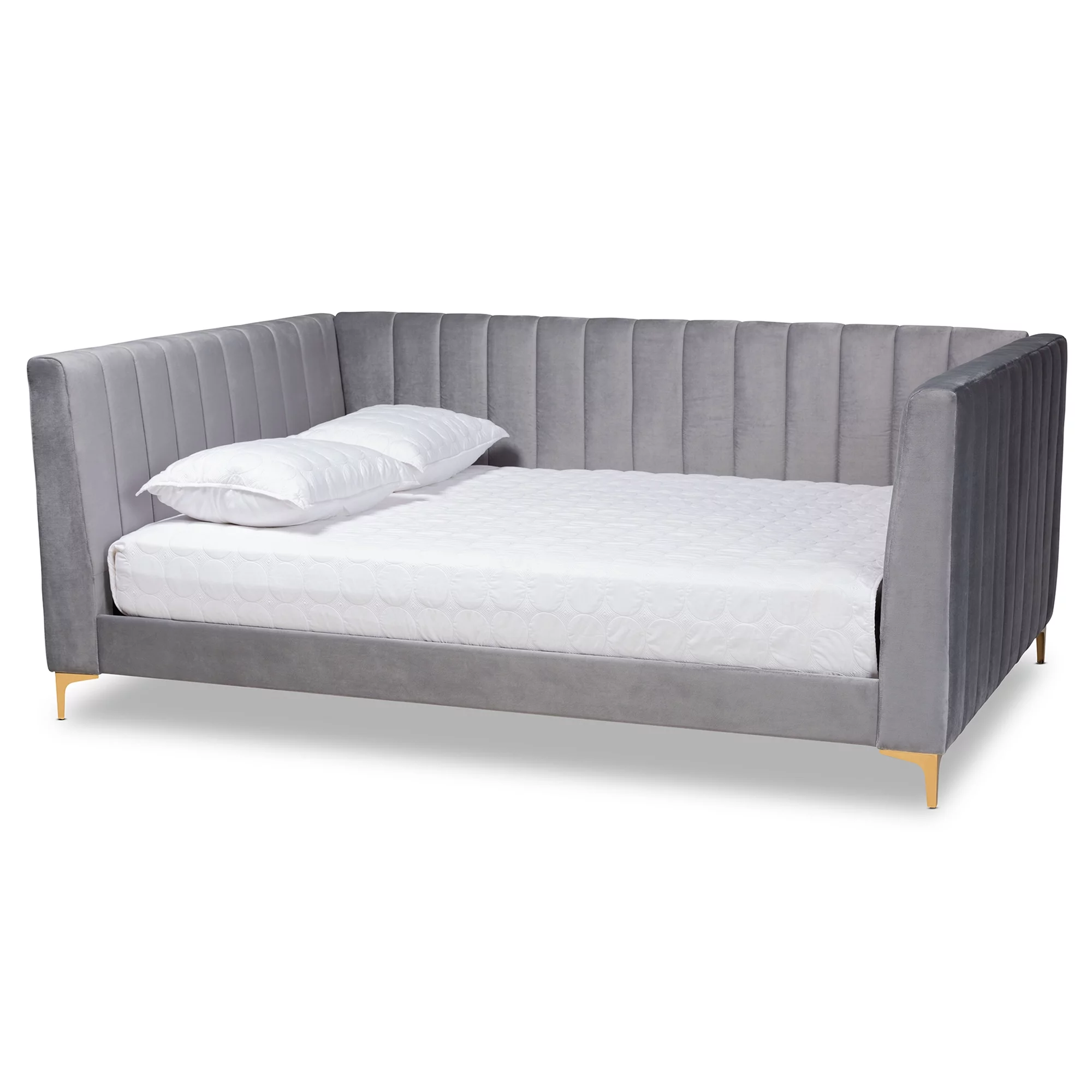 Baxton Studio Oksana Modern Contemporary Glam and Luxe Light Grey Velvet Fabric Upholstered and Gold Finished Queen Daybed