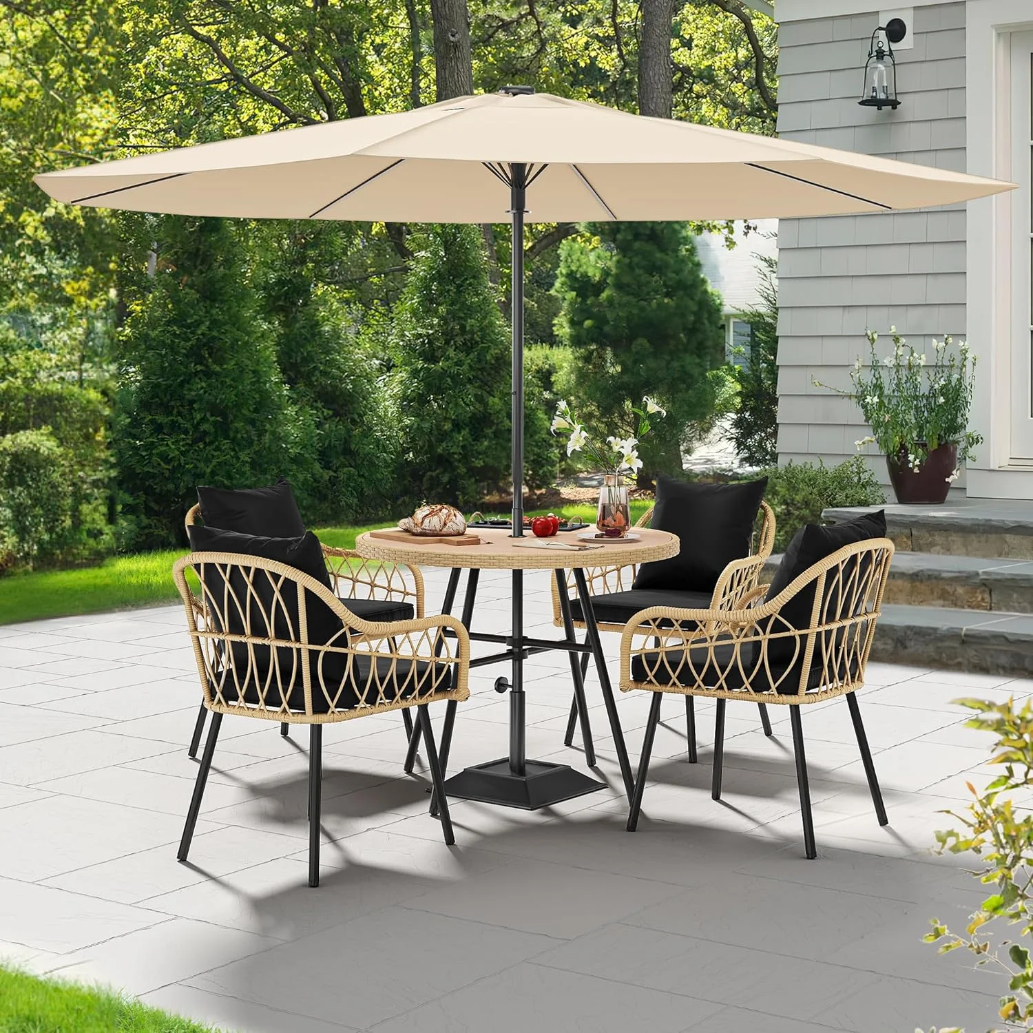 U-ToBe 5-Piece Outdoor Patio Furniture Dining Set, All-Weather Rattan Conversation Set with Soft Cushions and Plastic Wood Tabletop Dining Table for Backyard Deck (Light Brown + Black) - Curated Treasures Market