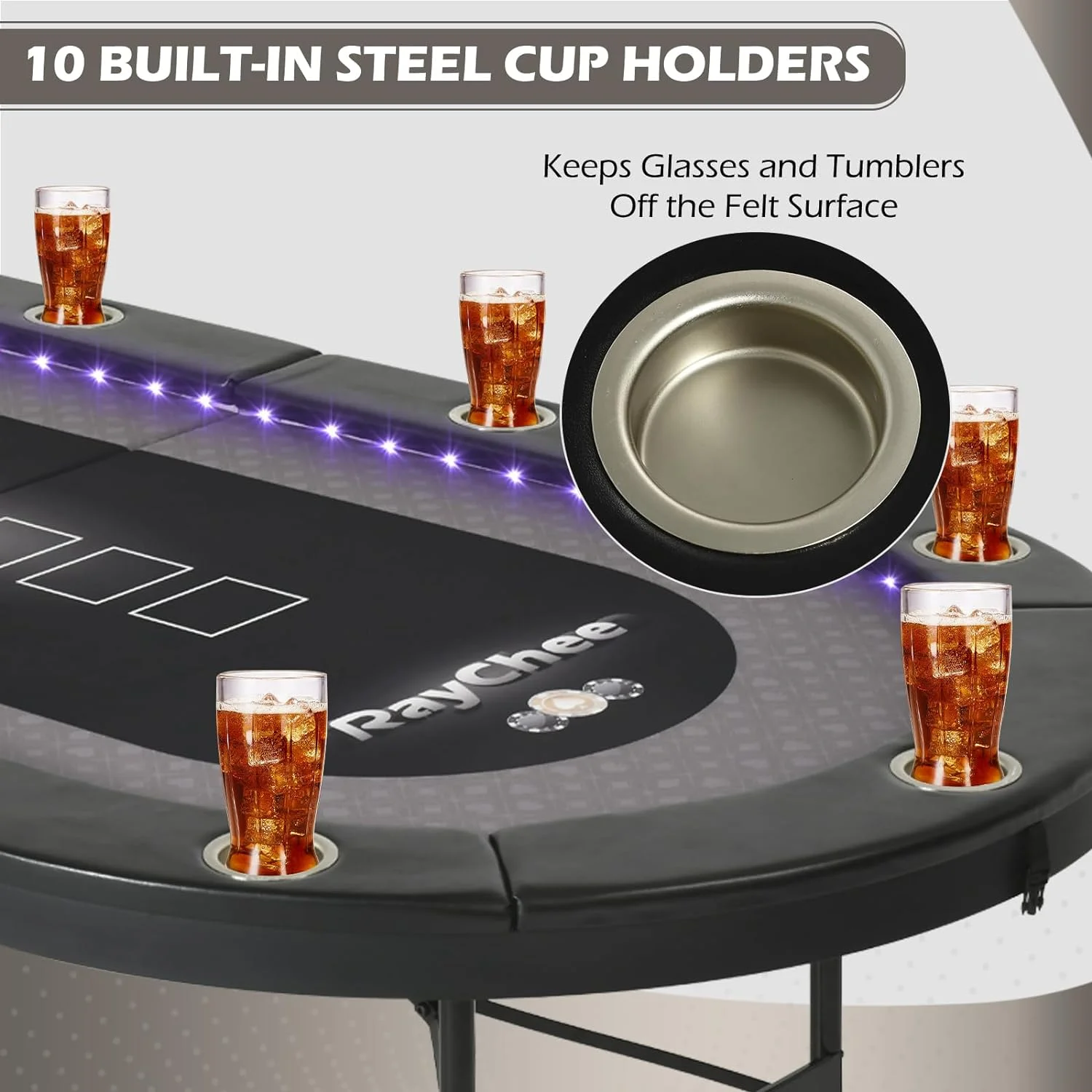 RayChee 84 inch Poker Table Foldable, 10 Player Folding Texas Holdem Table w/Inlaid LED Light, 2 USB & 2 Type-c Ports, Portable Blackjac for Texas Card Game w/Cup Holders and Padded Rails(Brown) - Curated Treasures Market