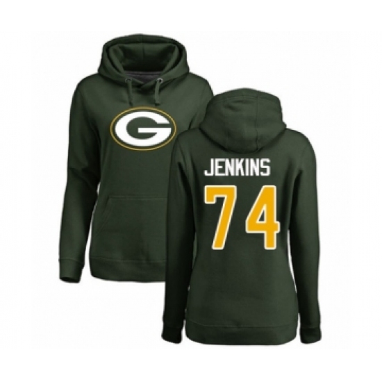 Football Women's Green Bay Packers #74 Elgton Jenkins Green Name & Number Logo Pullover Hoodie