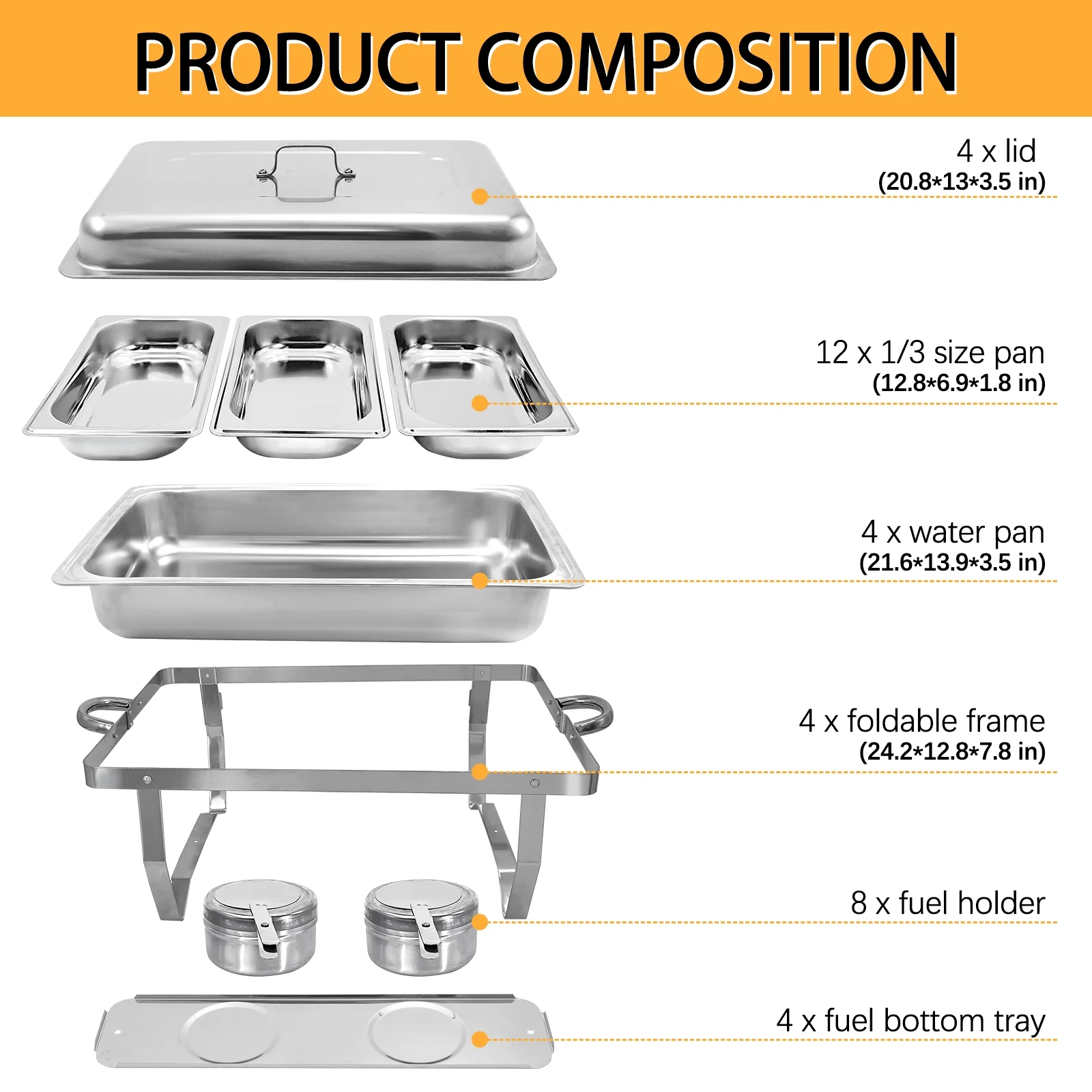 Jacgood Chafing Dish Buffet Chafer Set 4 Packs 8 Qt. Foldable Rectangular Stainless Steel Chafer Set with 1/3 Size Food Pans - Curated Treasures Market