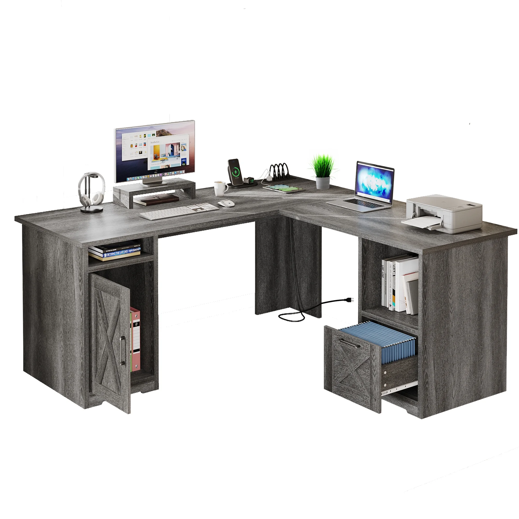 Dextrus 59 Inch L-Shaped Desk with Power Outlet & USB Ports, Office Desk with File Cabinets, Large Computer Desk with Drawers, 2 Person Corner Desk Writing Desk with Storage Shelves, Gray - Curated Treasures Market