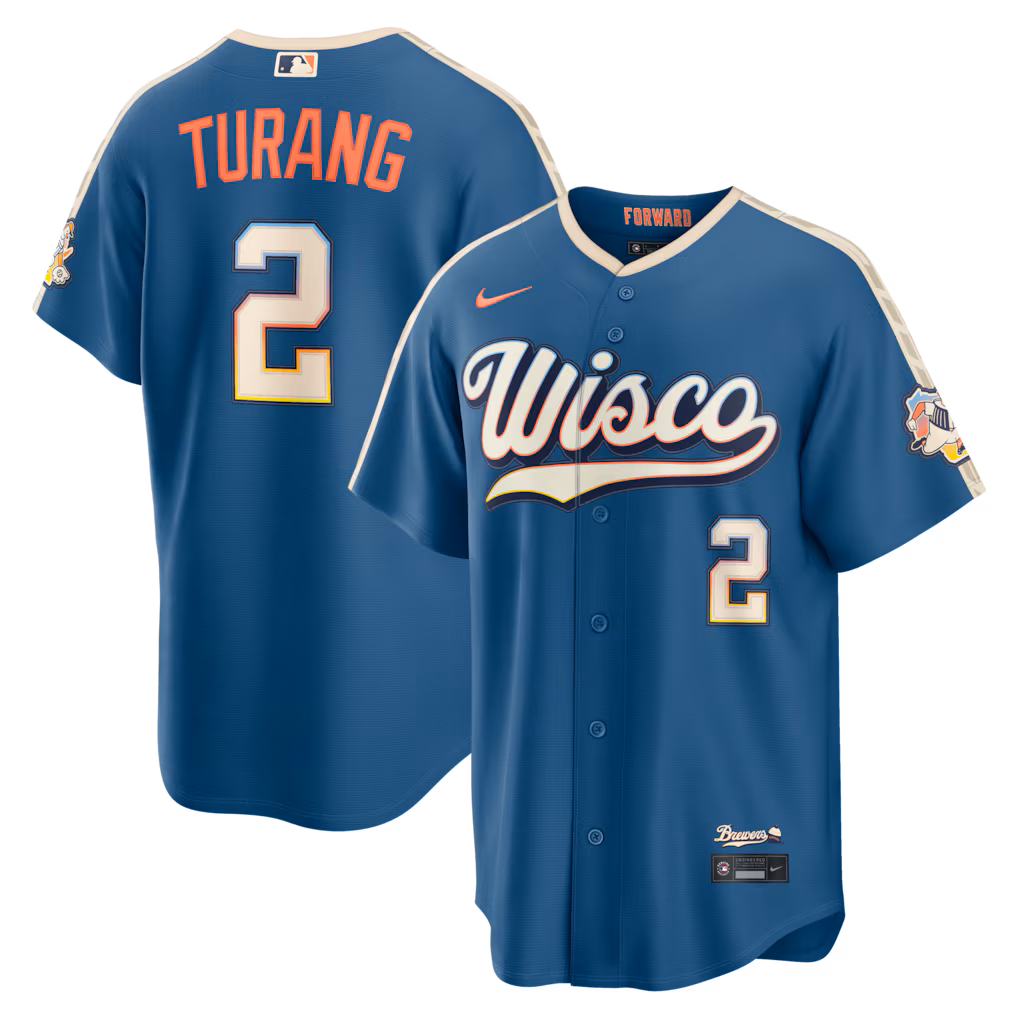 Men's Milwaukee Brewers Brice Turang Nike Mineral Blue 2026 City Connect Stadium Jersey
