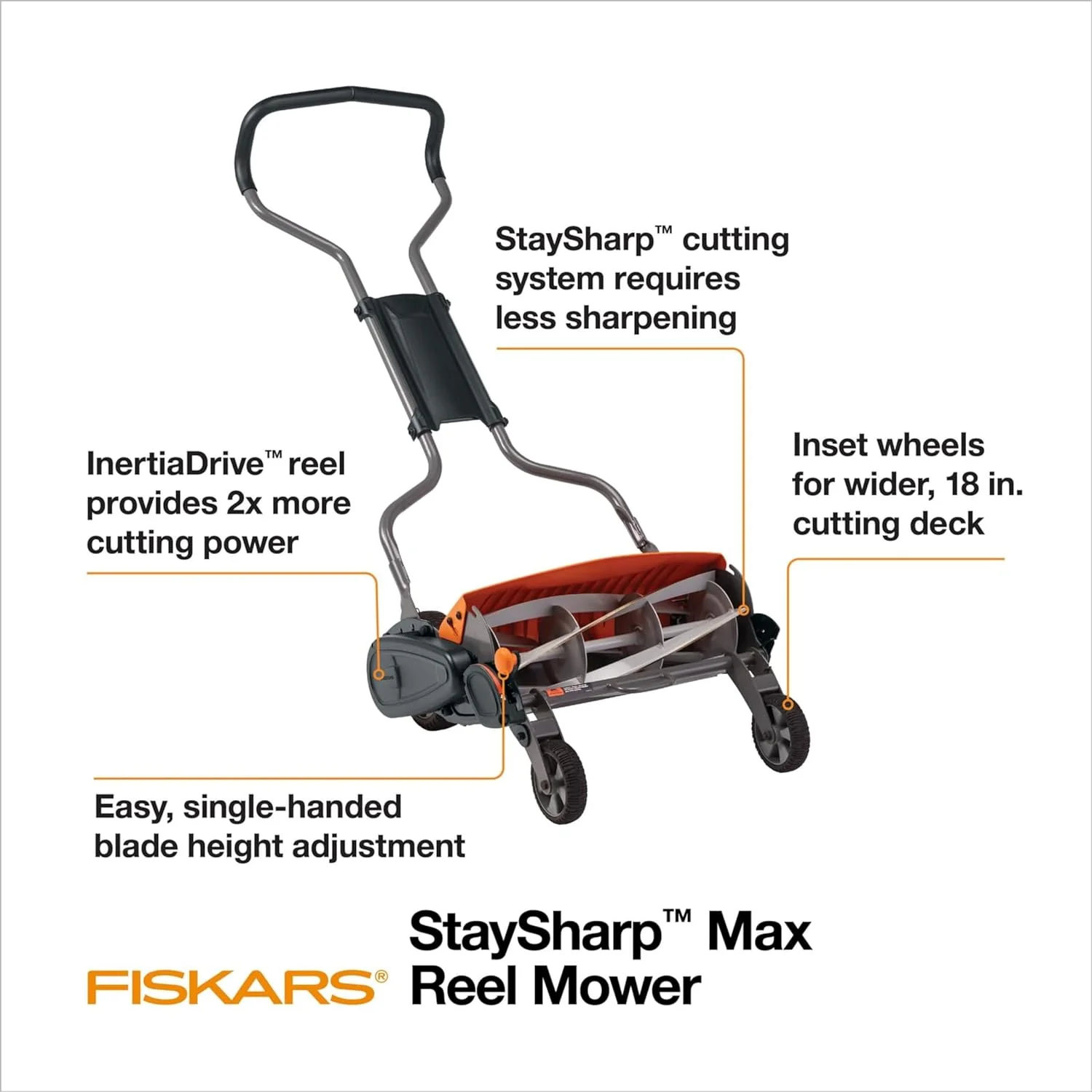 Fiskars Reel Lawn Mower 18-inch 5-Blade Push Mower with InertiaDrive for More Cutting Power