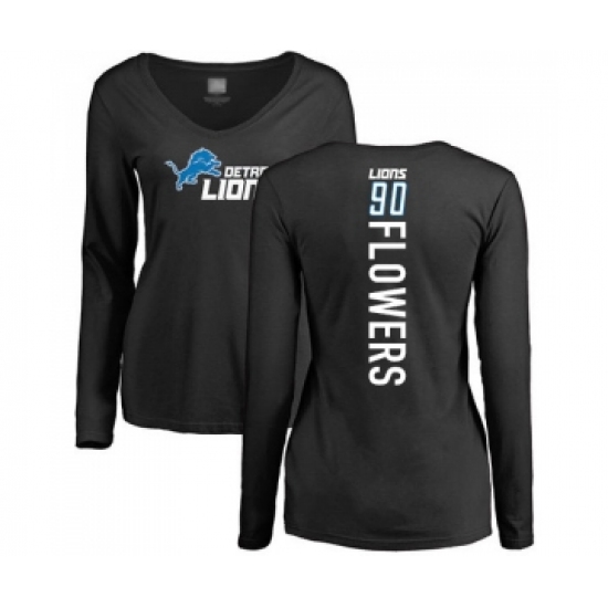 Football Women's Detroit Lions #90 Trey Flowers Black Backer Long Sleeve T-Shirt
