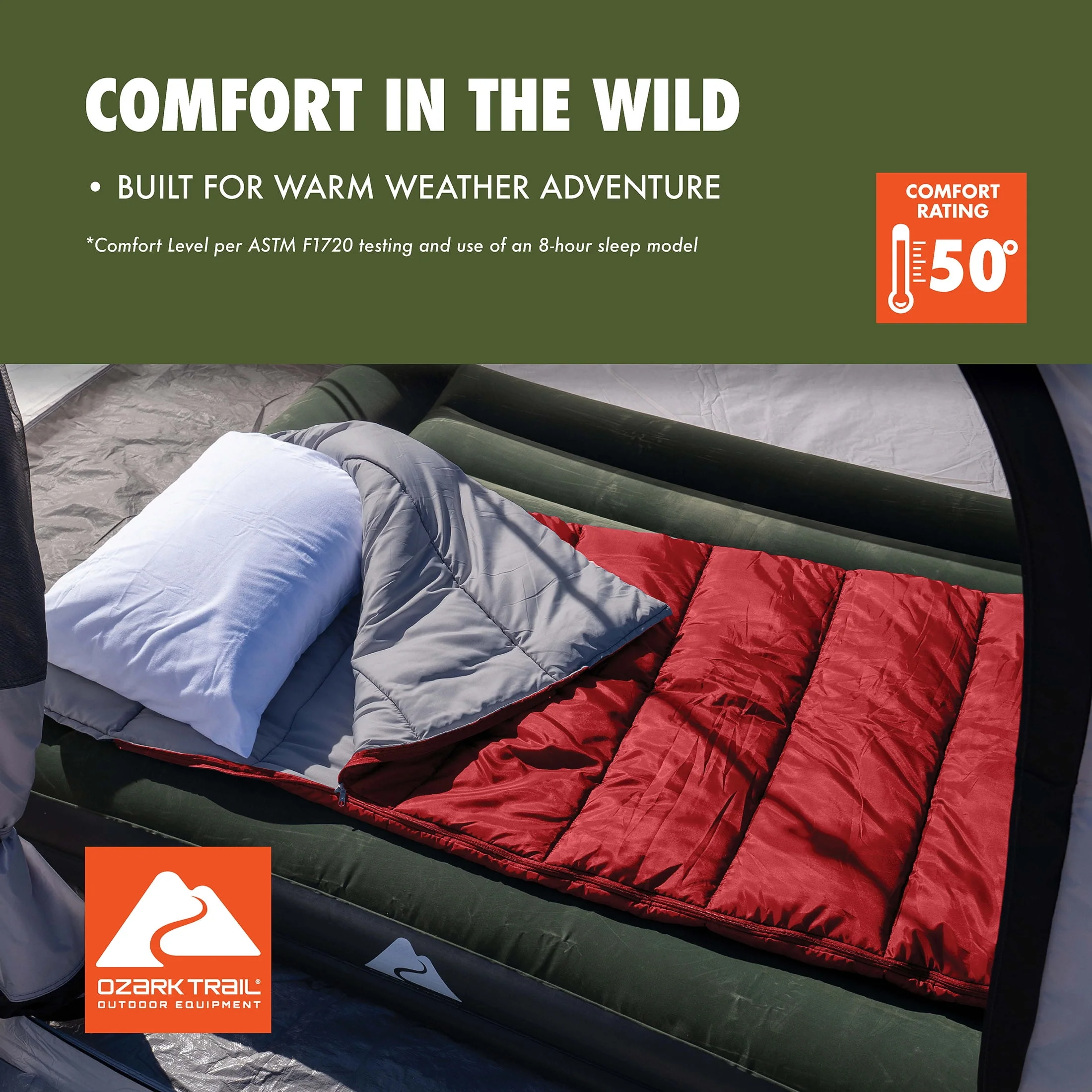 Ozark Trail 50-Degree Warm Weather Rectangular Sleeping Bag, Red, 33x75