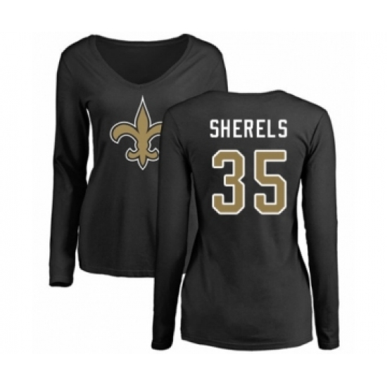 Football Women's New Orleans Saints #35 Marcus Sherels Black Name & Number Logo Slim Fit Long Sleeve T-Shirt