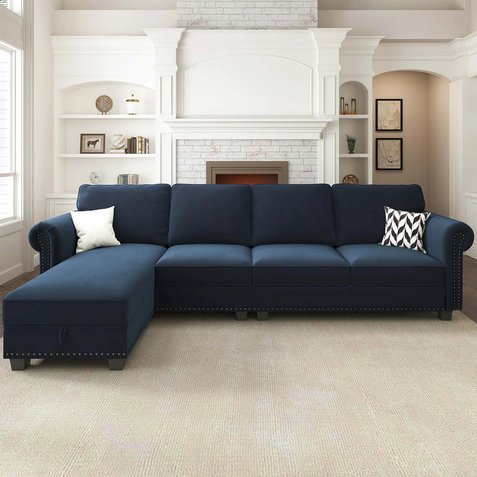 Nolany Modern Velvet Sectional Sofa Couch with Storage Ottoman and Reversible Chaise for Living Room, Black