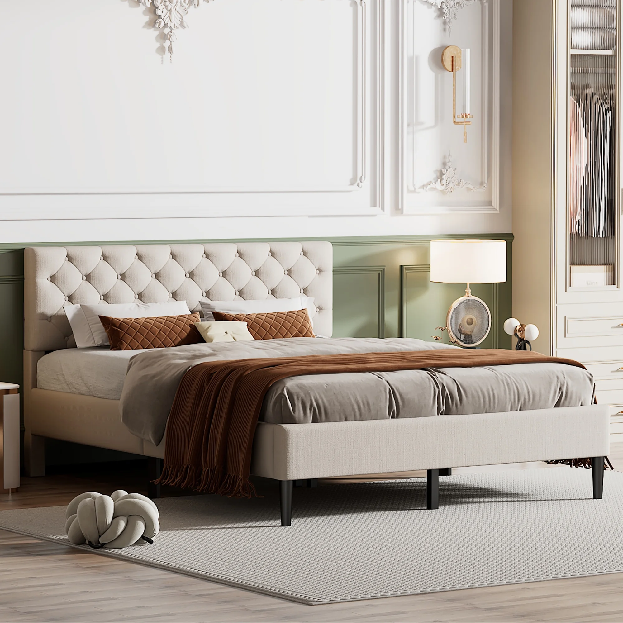 SYNGAR Beige Upholstered Fabric Platform Bed Frame Queen Size with Elegant Headboard, Metal Frame Bedroom Furniture with Strong Wooden Slat Support