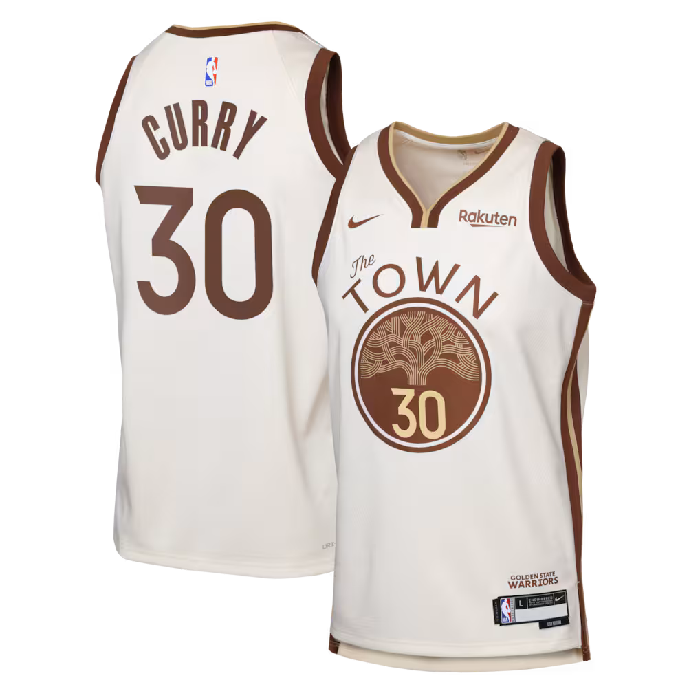 Youth Golden State Warriors Stephen Curry Nike Tan Swingman Finished Badge Player Jersey - City Edition