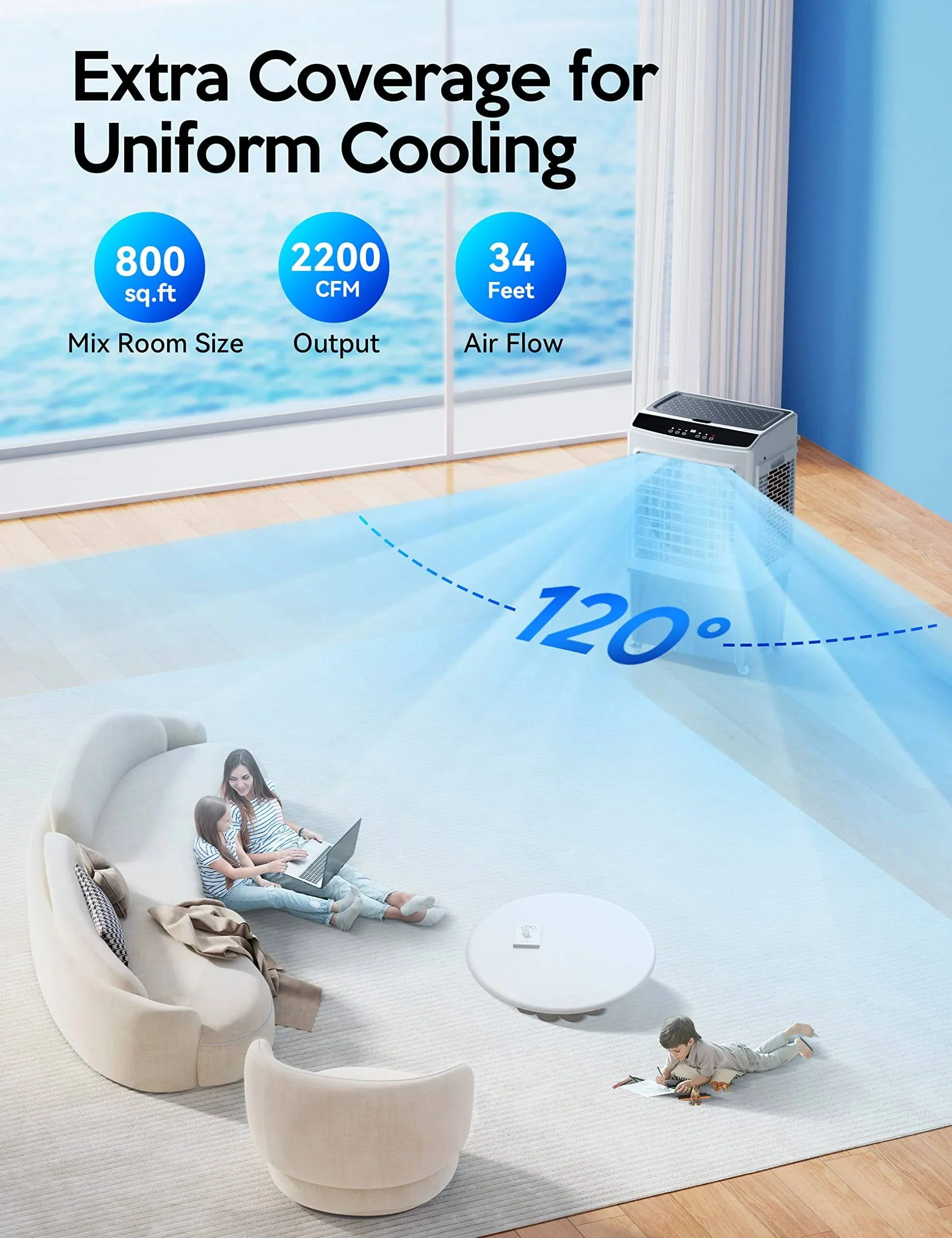 Evaporative Air Cooler, 2200CFM Swamp Cooler, 120°Oscillation Air Cooler with Remote Control, 24H Timer, 3 Modes & Wind Speeds for Outdoor Indoor Use, 9.2Gallon