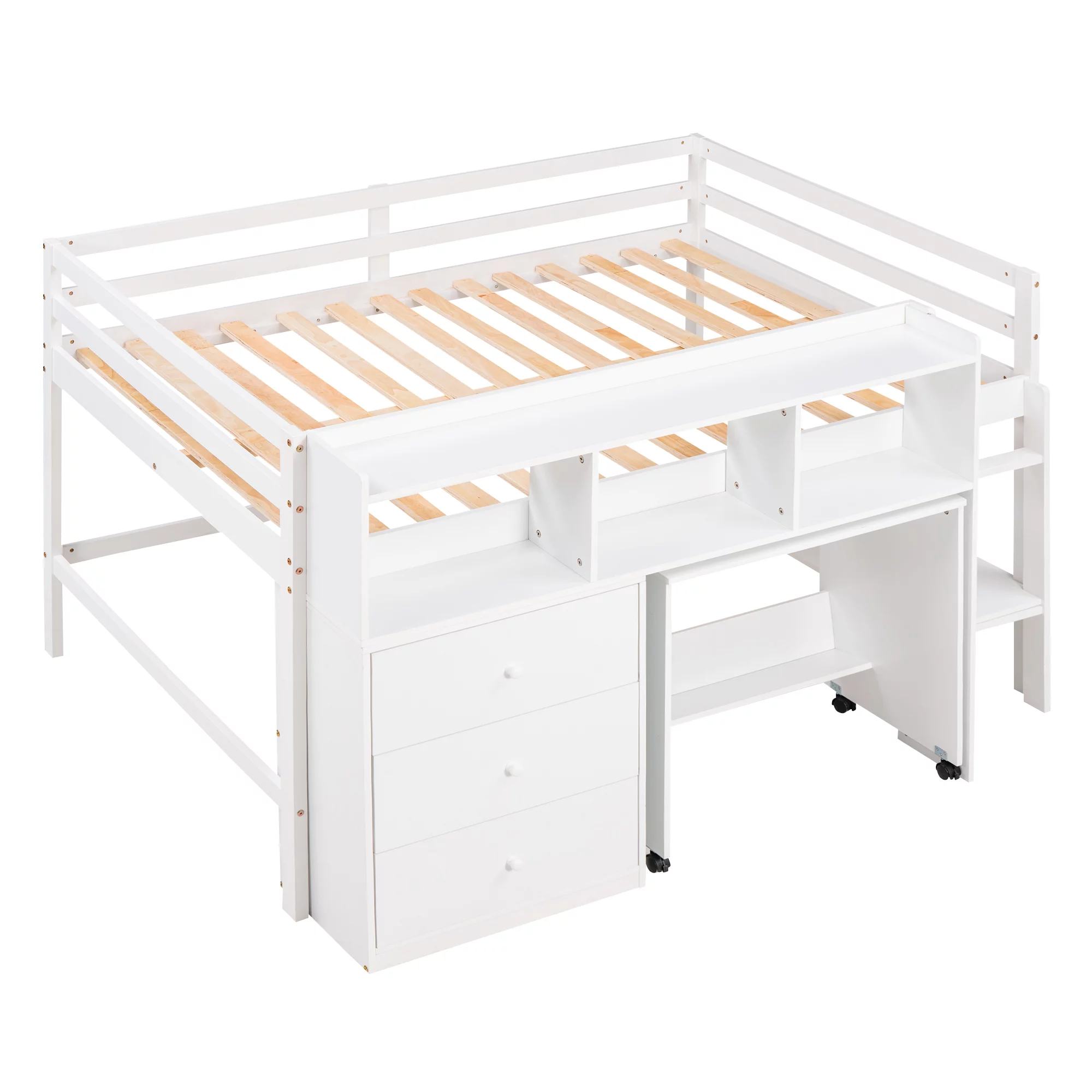 Bellemave Full Size Wood Low Loft Bed with Rolling Portable Desk, and Drawers,Kids Loft Bed With Storage Shelves,No Box Spring Needed(White) - Curated Treasures Market