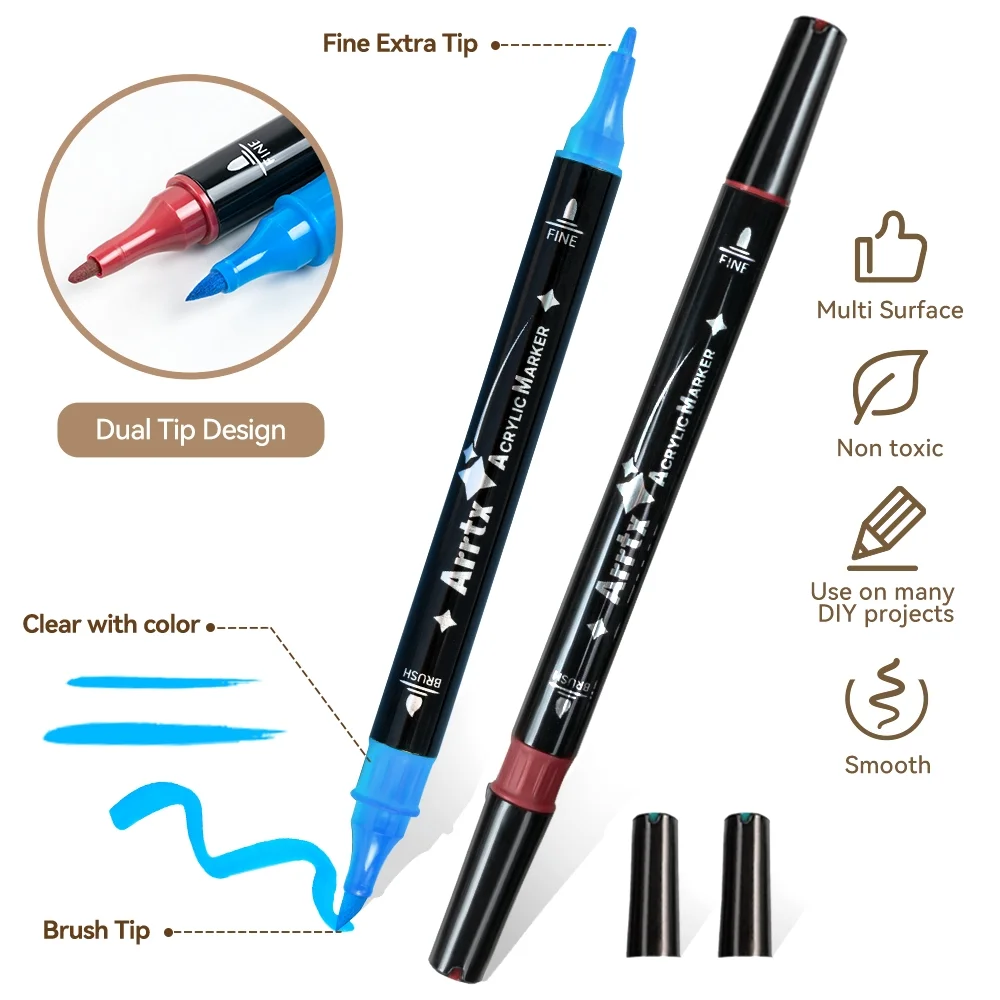 Arrtx Acrylic Paint Pens, 32 Colors Fine Tip and Brush Paint marker, no-odor Water-based Acrylic Paint pens for Rock Painting, Ceramic, Glass, Wood, Fabric, Canvas, DIY Craft Making Art Supplies - Curated Treasures Market