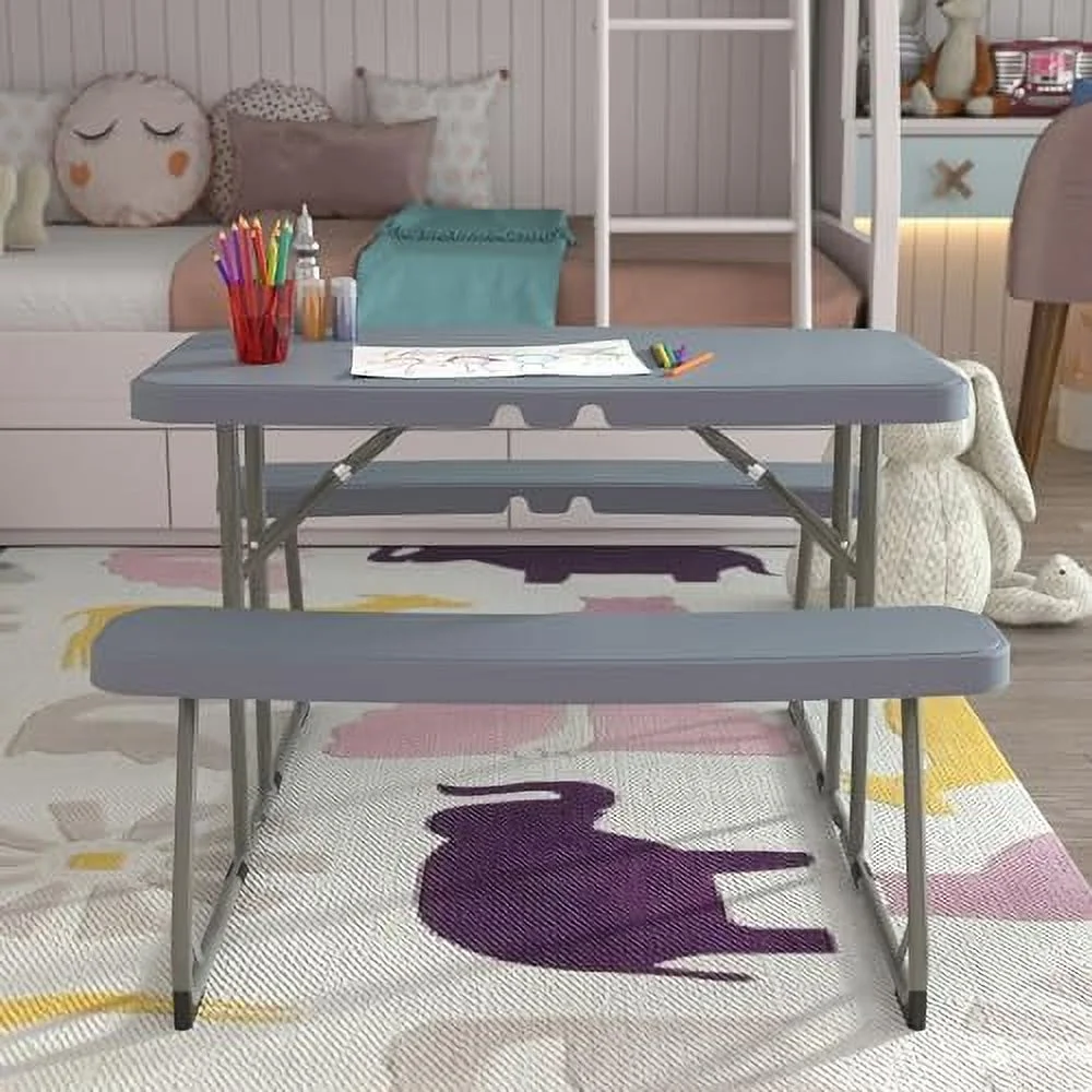 YPDCHB Aryka Kid's Gray Easy Fold Waterproof  Stain and Impact Resistant Plastic Picnic Table with  and Gray Steel Tube Frame - Curated Treasures Market