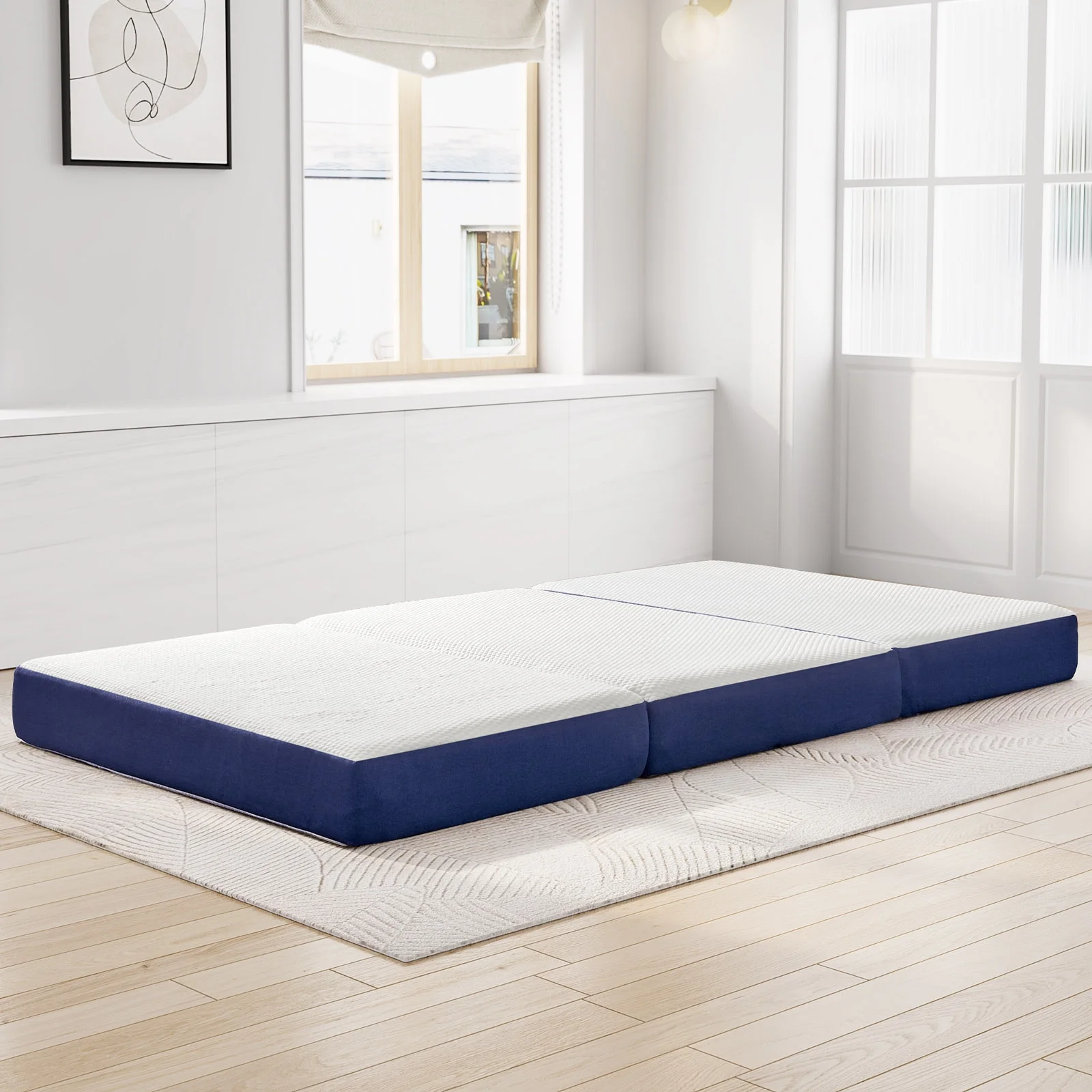 Potctz 4 Full Size Trifold Folding Mattress Topper Memory Foam, Portable Foldable Mattress Guest Bed for Camping