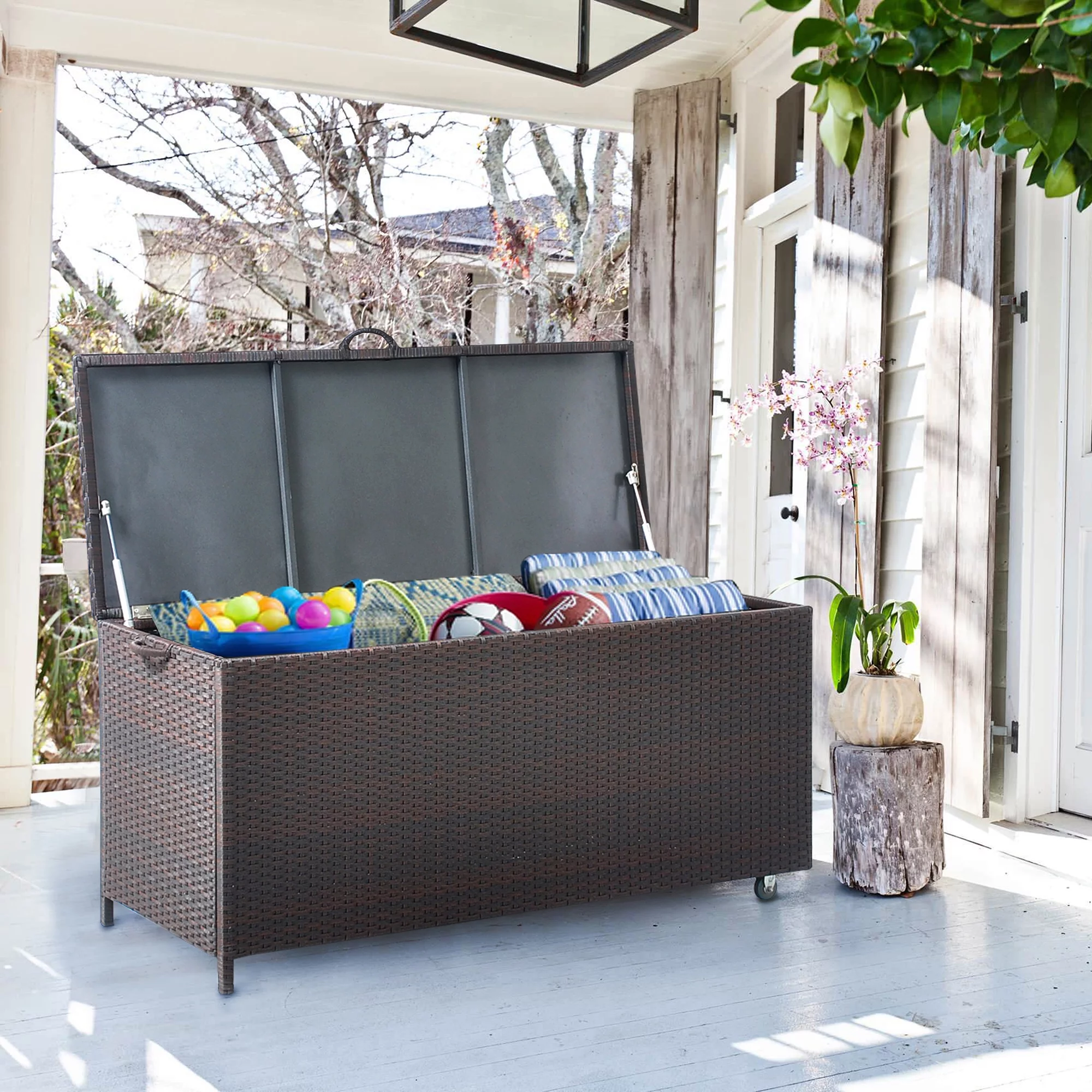 Skypatio 86 Gallon Wicker Deck Box for Outdoor Storage with Wheels, Hand-woven PE Rattan Deck Box, Brown - Curated Treasures Market