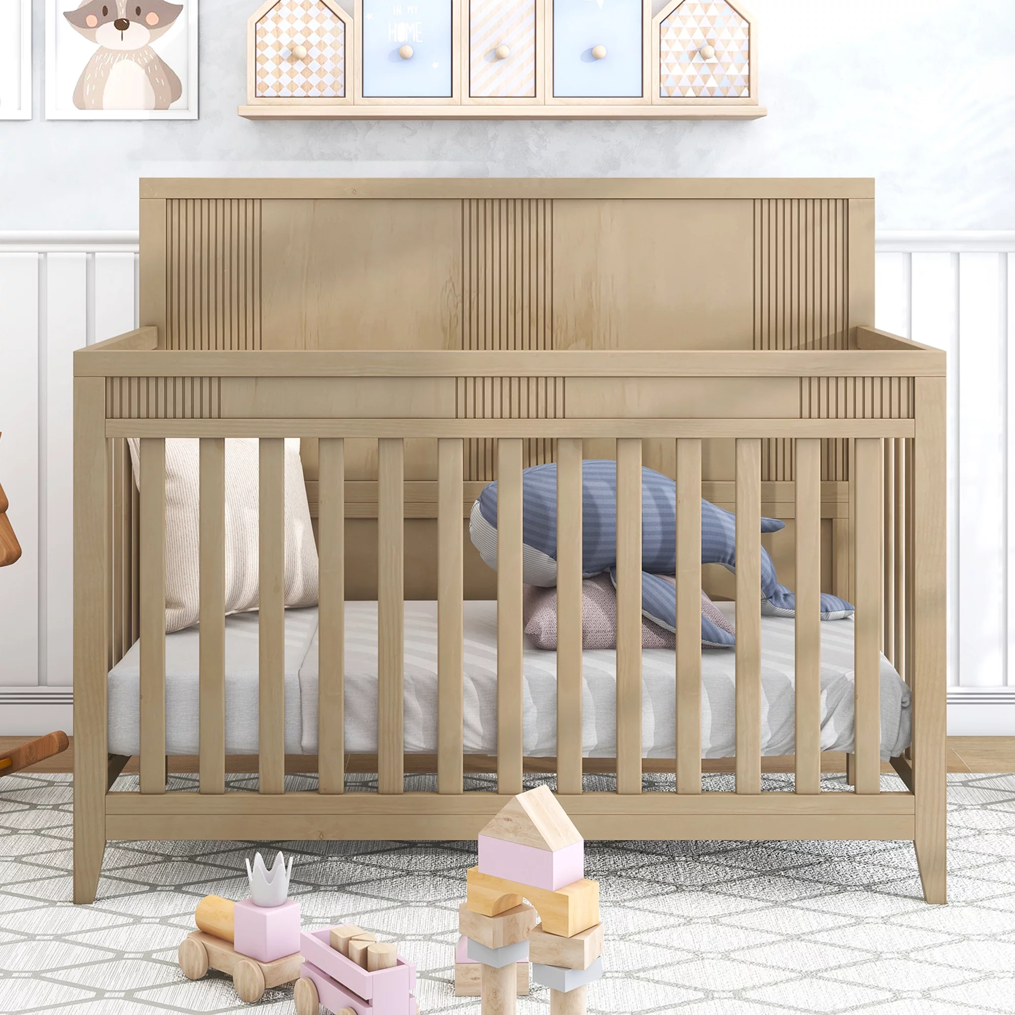 HSUNNS 4-in-1 Convertible Crib, Rustic Farmhouse Style, Certified Baby Safe Crib, Converts from Baby Crib to Toddler Bed, Daybed, and Full-Size Bed, 3 Adjustable Mattress Heights, Natural Wood - Curated Treasures Market