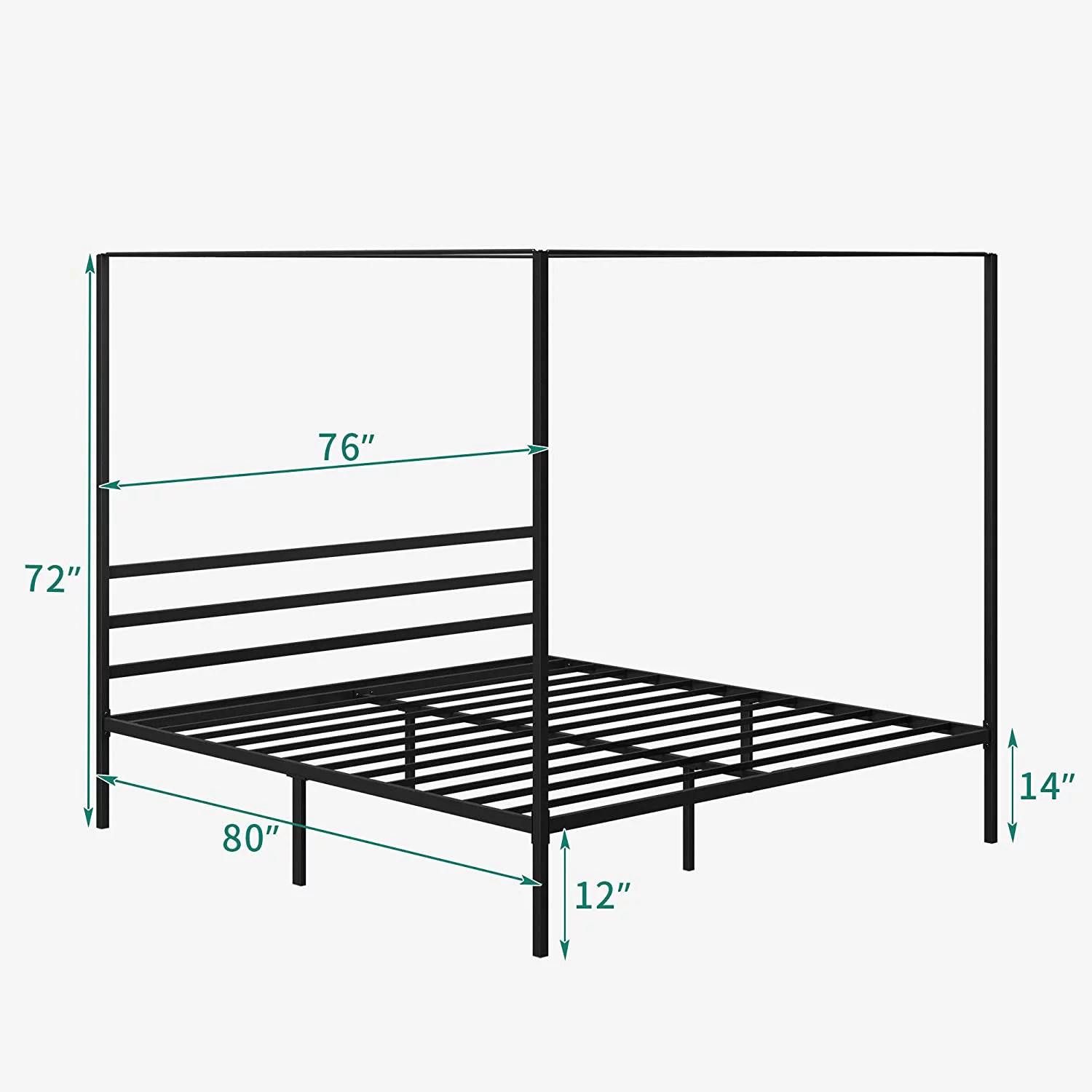 Dextrus Metal Canopy Bed Frame 14 Platform with Headboard Strong Metal Slat Support Mattress Foundation, No Box Spring Needed, Black, Queen Size