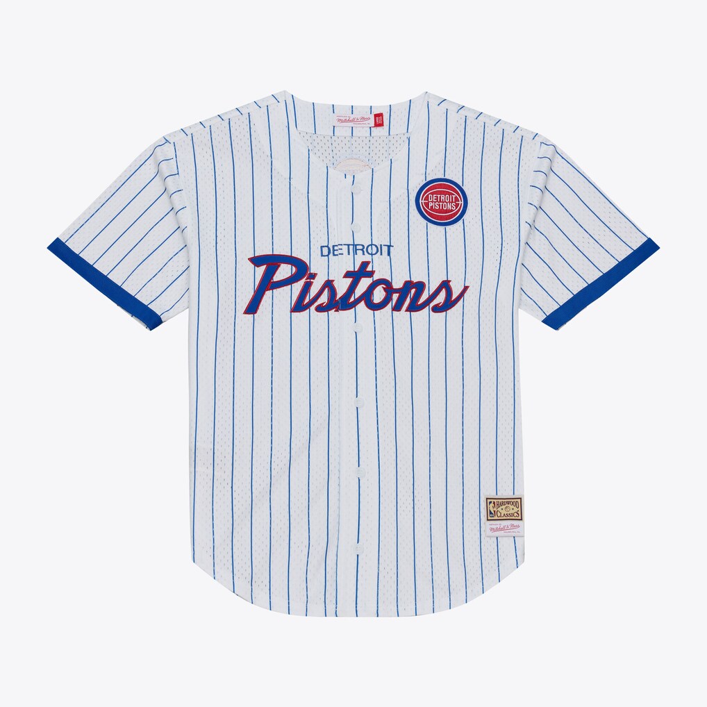 Men's Detroit Pistons Mitchell & Ness White Head Coach Pinstripe Mesh Full-Button Baseball Jersey