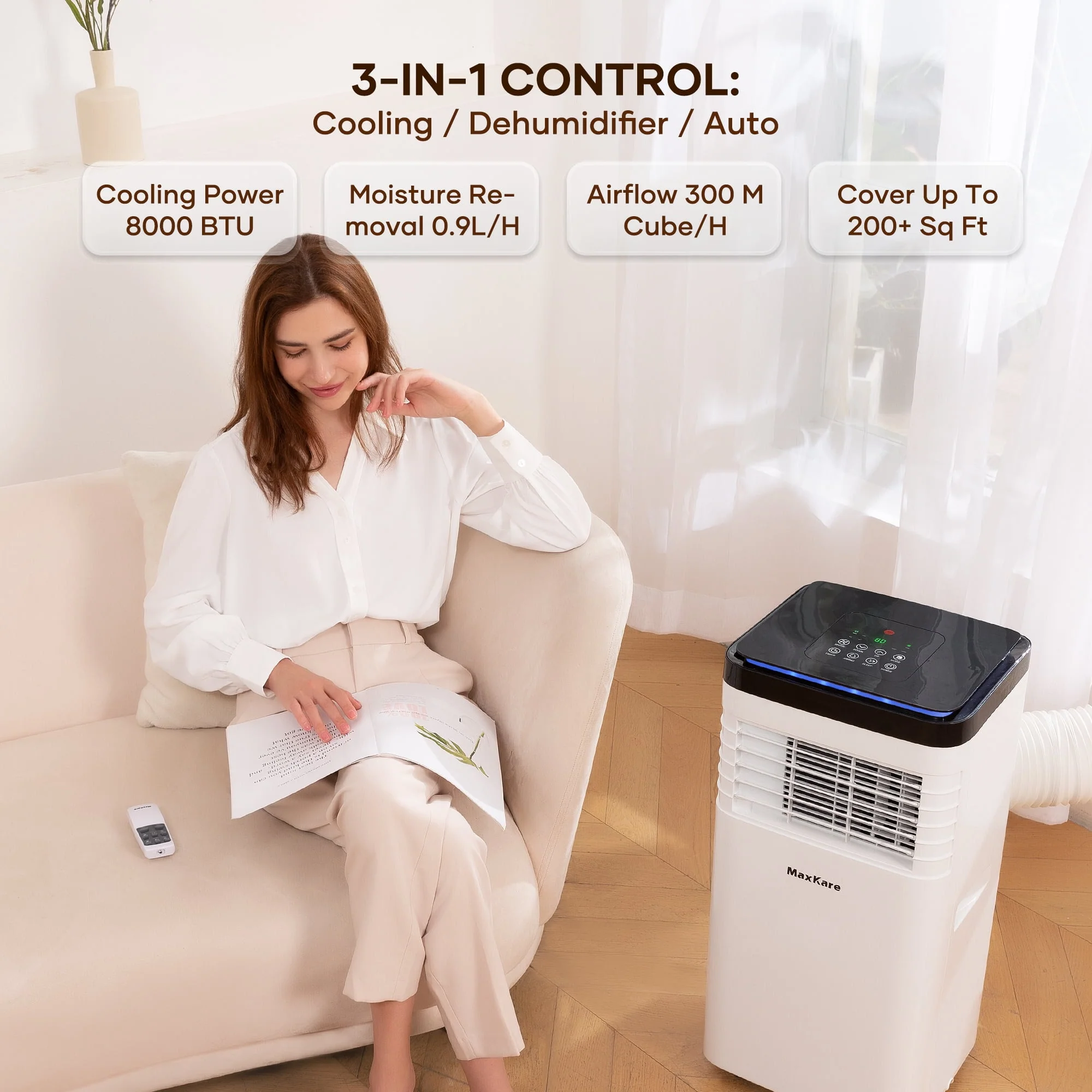 MaxKare Portable Air Conditioner, 8000 BTU with Cooler, Dehumidifier Cooling Rooms up to 150 Sq.ft with Remote Control
