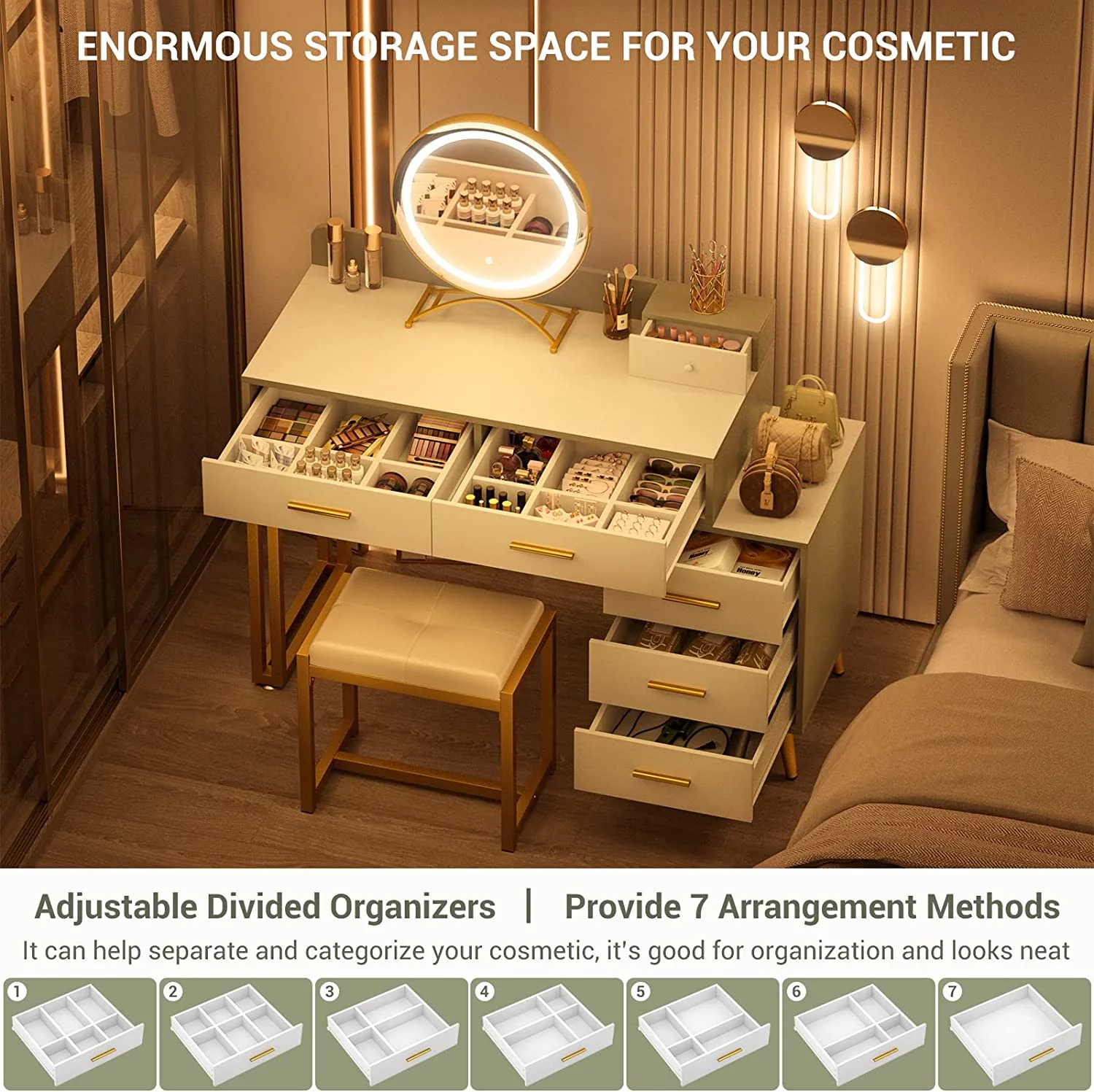 Homieasy Vanity Desk with LED Lighted Mirror, 44'' Reversible Makeup Desk with 6 Drawers, Vanity Table Set with Soft Stool, Dressing Table with 3 Color Lighting Options for Women, White and Cyan - Curated Treasures Market