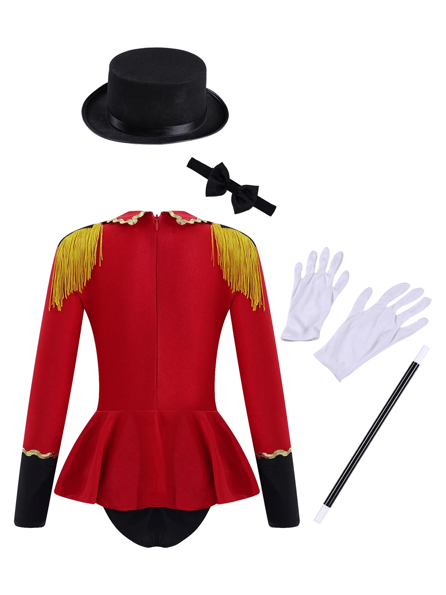 TiaoBug KIds Girls Ringmaster Circus Costume Long Sleeve Tassel Tailcoat Leotard Bodysuit with Bow Tie Hat Magic Wand Gloves Red 10 - Curated Treasures Market