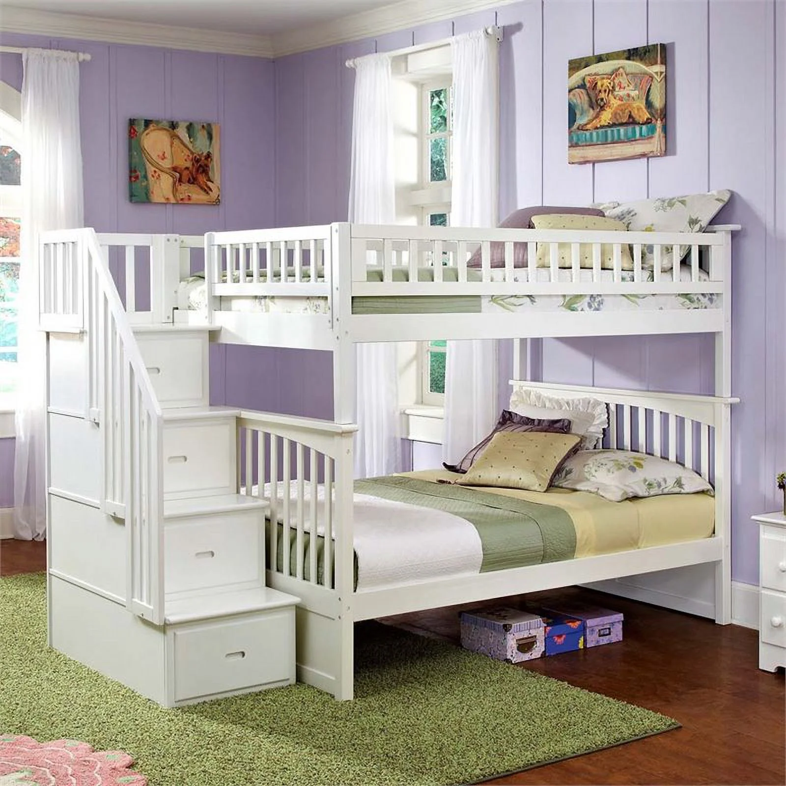 Leo & Lacey Full Over Full Staircase Bunk Bed in White - Curated Treasures Market